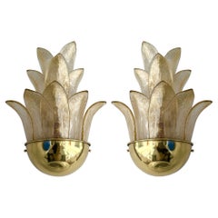 Contemporary Pair of Brass and Gilt Murano Glass Palm Tree Sconces, Italy