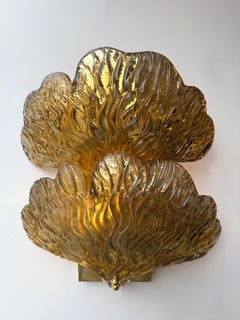Contemporary Pair of Brass and Gold Murano Glass Palm Sconces, Italy