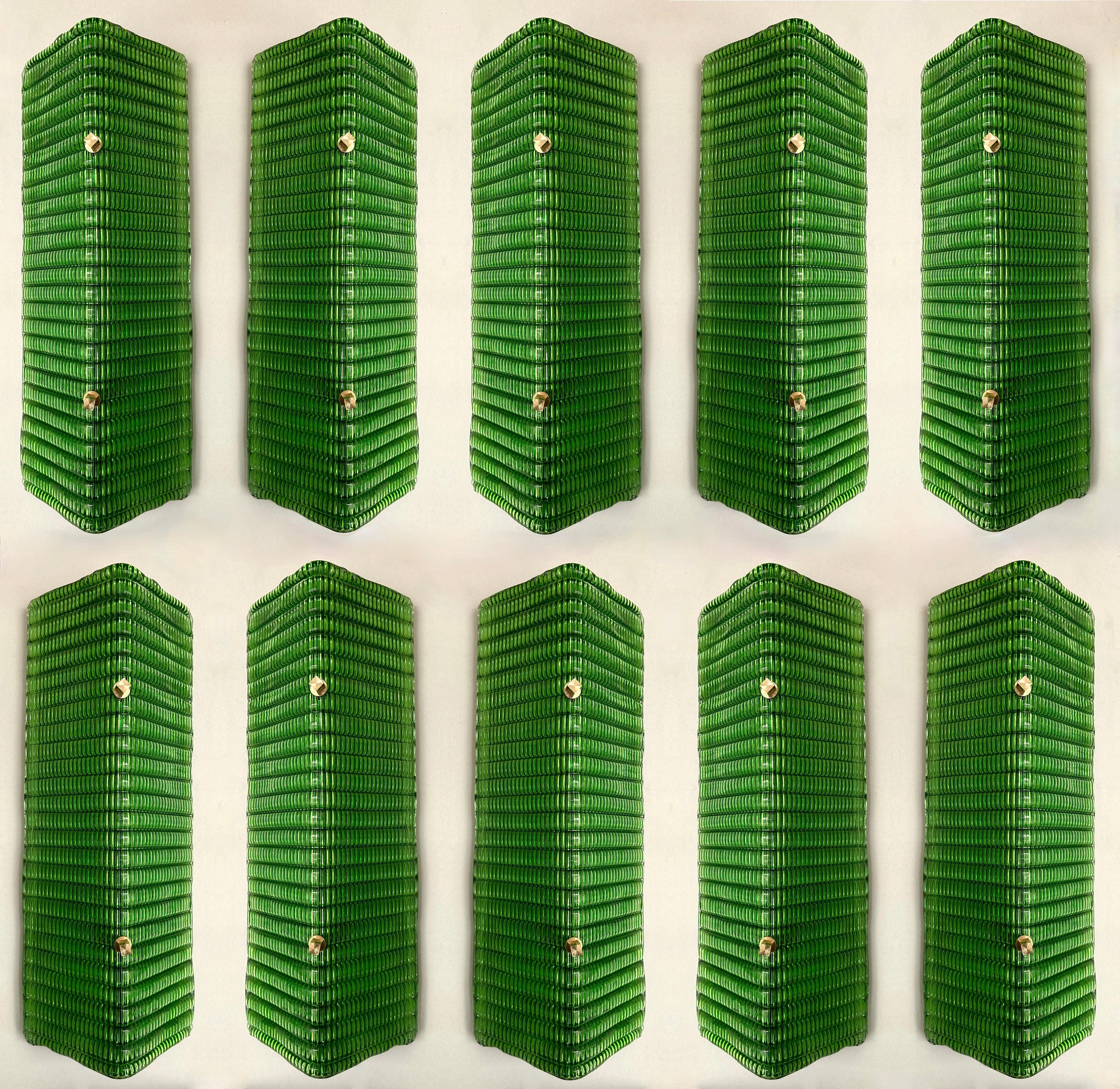 Pair of set of 2 brass and green folded leaf Murano glass, wall lights lightning pannel lamps sconces. Contemporary work from a small artisanal italian design workshop, minor imperfections due to handmade. In the mood of Mid-Century Modern,