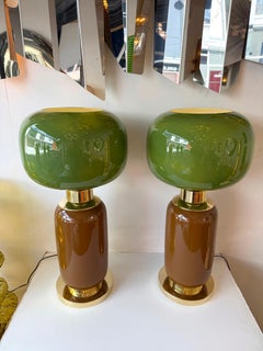 Contemporary Pair of Brass and Green Murano Glass Bulb Shade Lamps, Italy