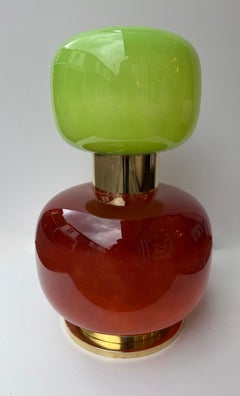 Contemporary Pair of Brass and Green Murano Glass Bulb Shade Lamps, Italy