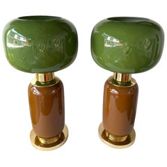 Contemporary Pair of Brass and Green Murano Glass Bulb Shade Lamps, Italy