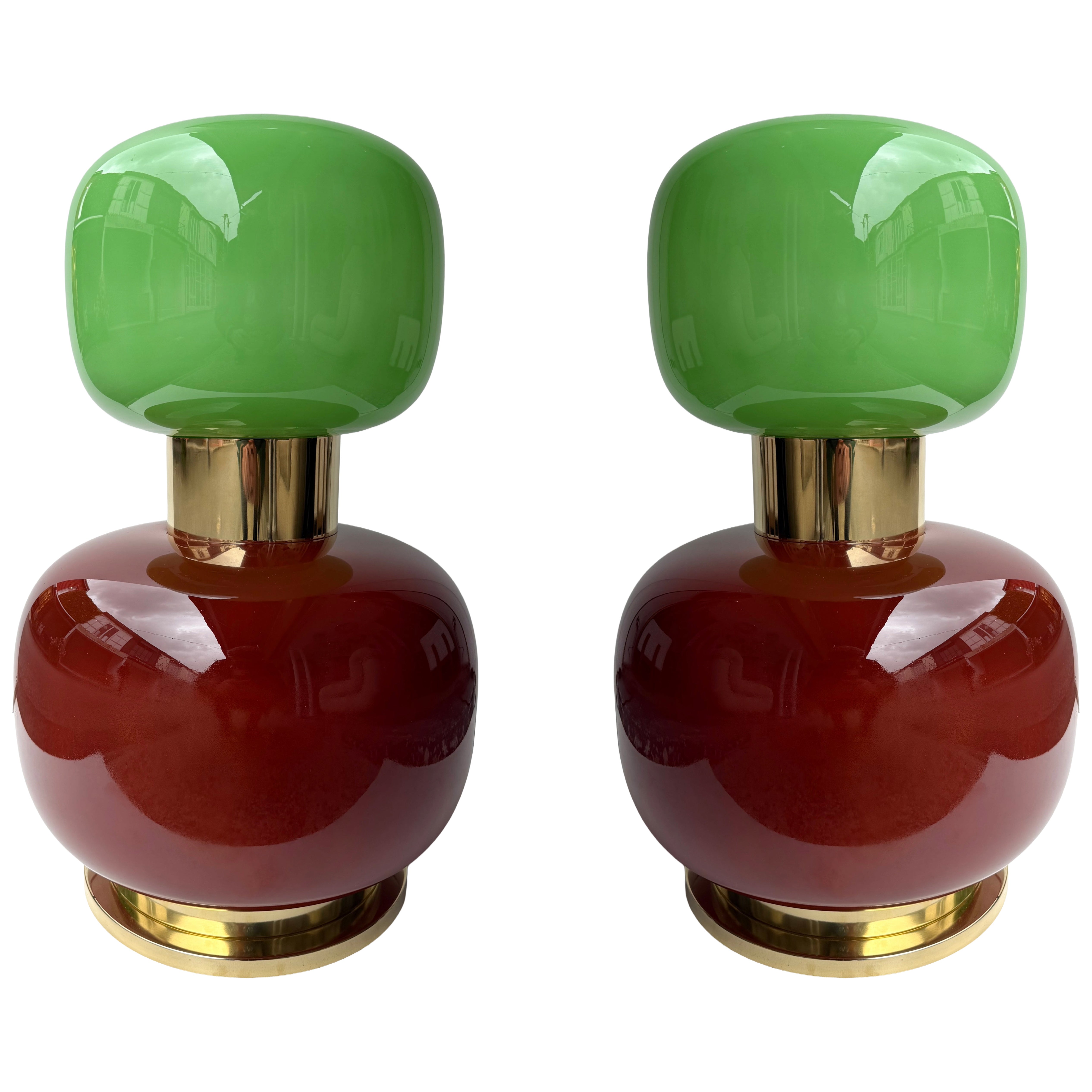 Contemporary Pair of Brass and Green Murano Glass Bulb Shade Lamps, Italy