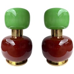 Contemporary Pair of Brass and Green Murano Glass Bulb Shade Lamps, Italy