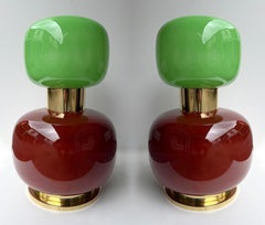 Contemporary Pair of Brass and Green Murano Glass Bulb Shade Lamps, Italy