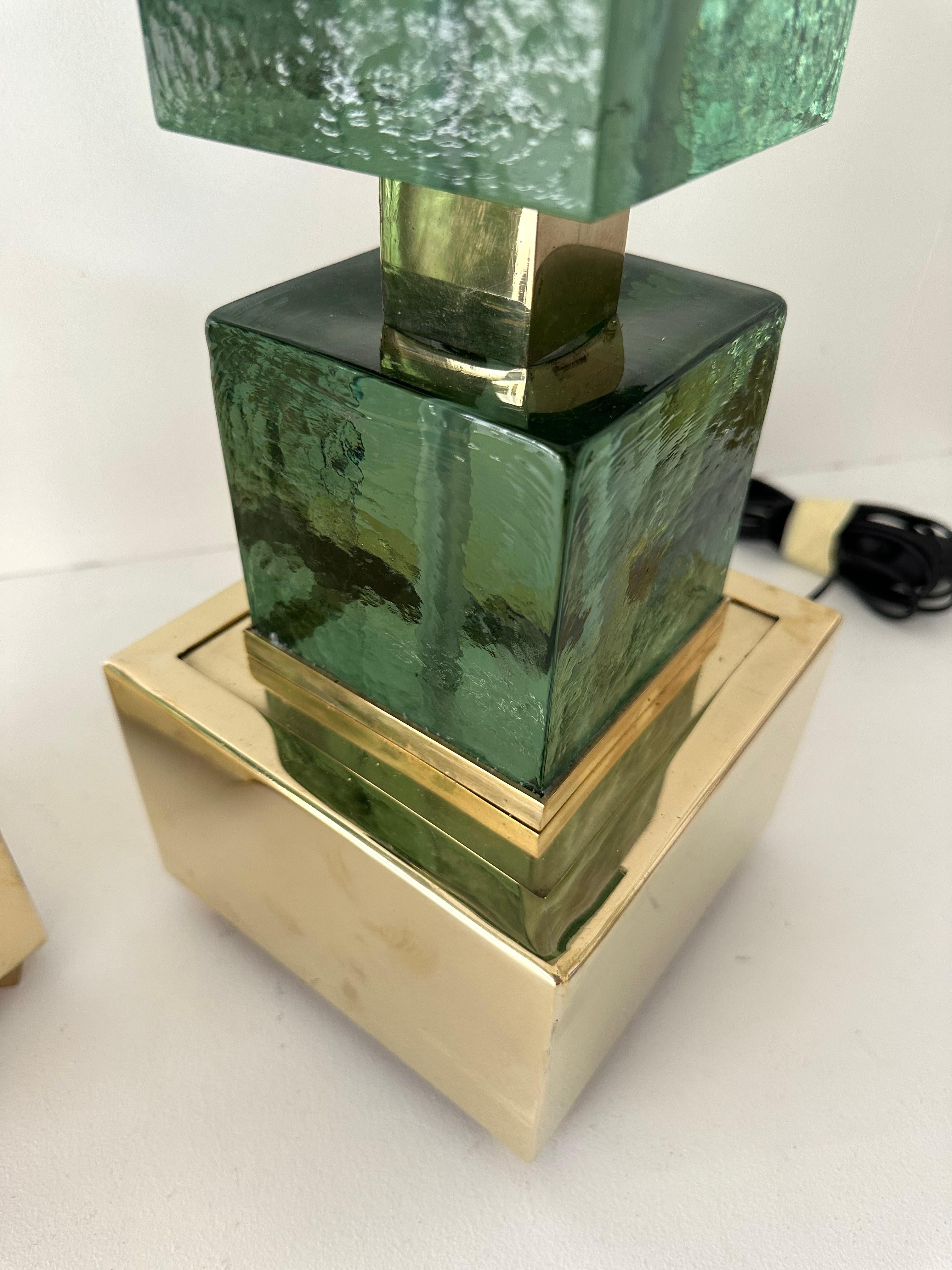 Italian Contemporary Pair of Brass and Green Murano Glass Cube Lamps, Italy