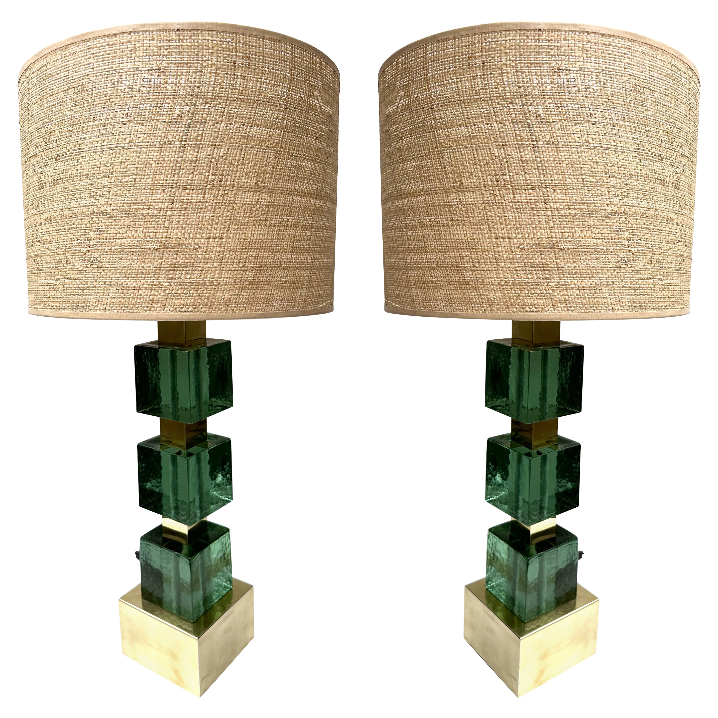 Contemporary Pair of Brass and Green Murano Glass Cube Lamps, Italy
