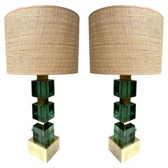 Contemporary Pair of Brass and Green Murano Glass Cube Lamps, Italy