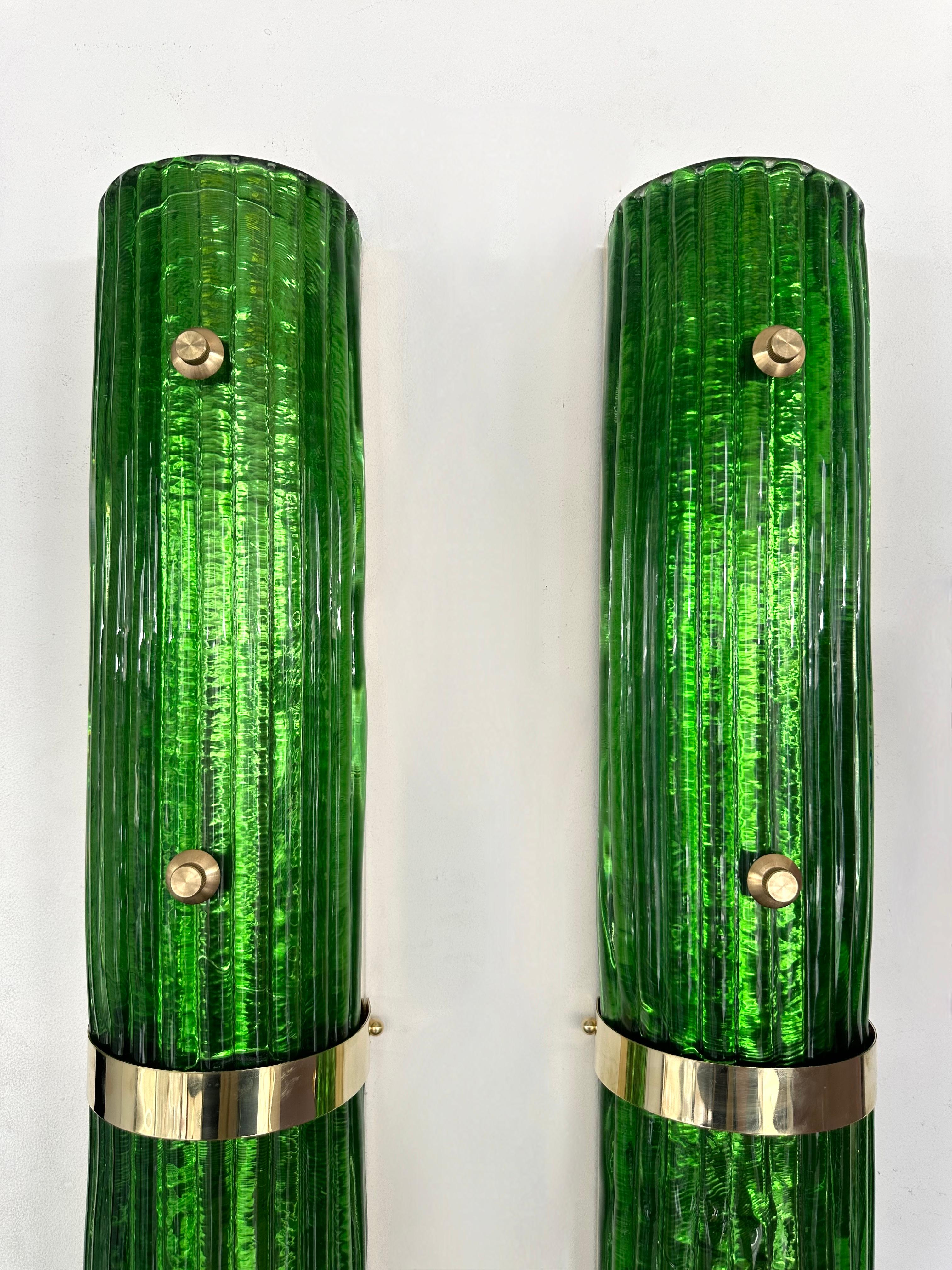 Contemporary Pair of Brass and Green Murano Glass Sconces, Italy For Sale 5