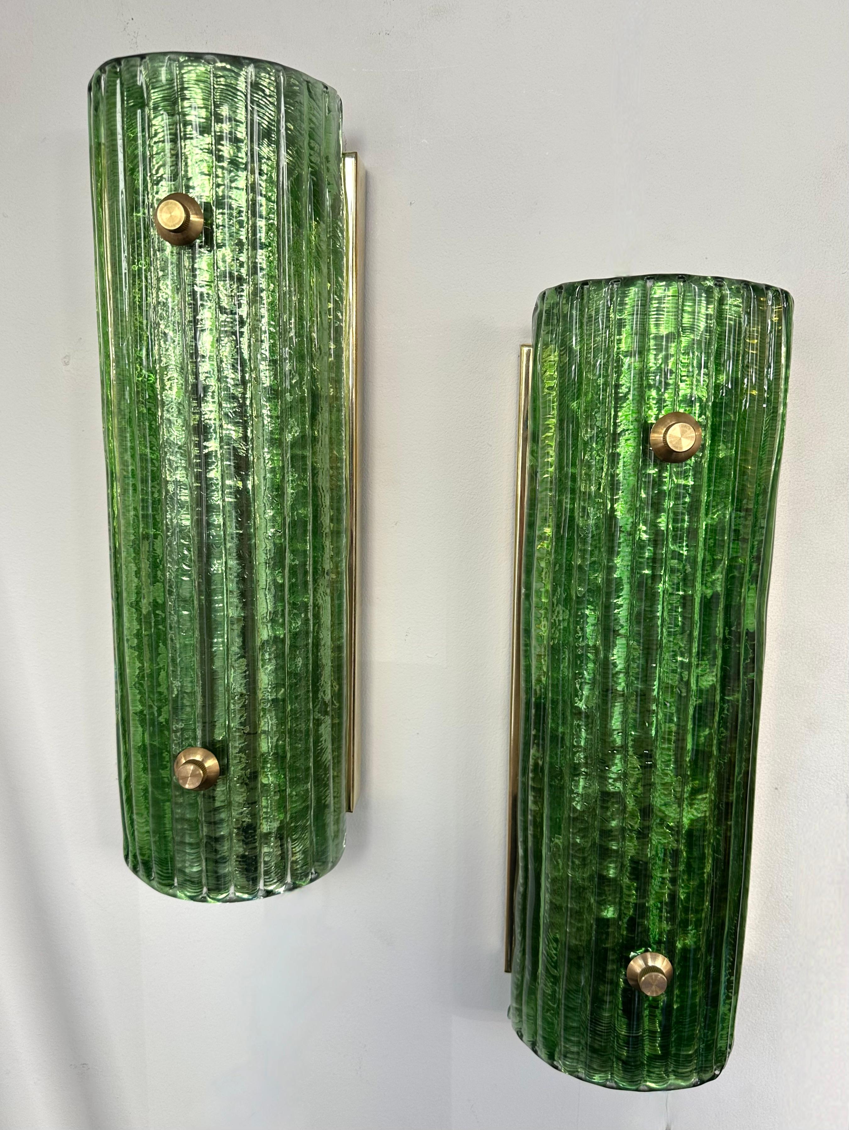 Contemporary Pair of Brass and Green Murano Glass Sconces, Italy For Sale 5