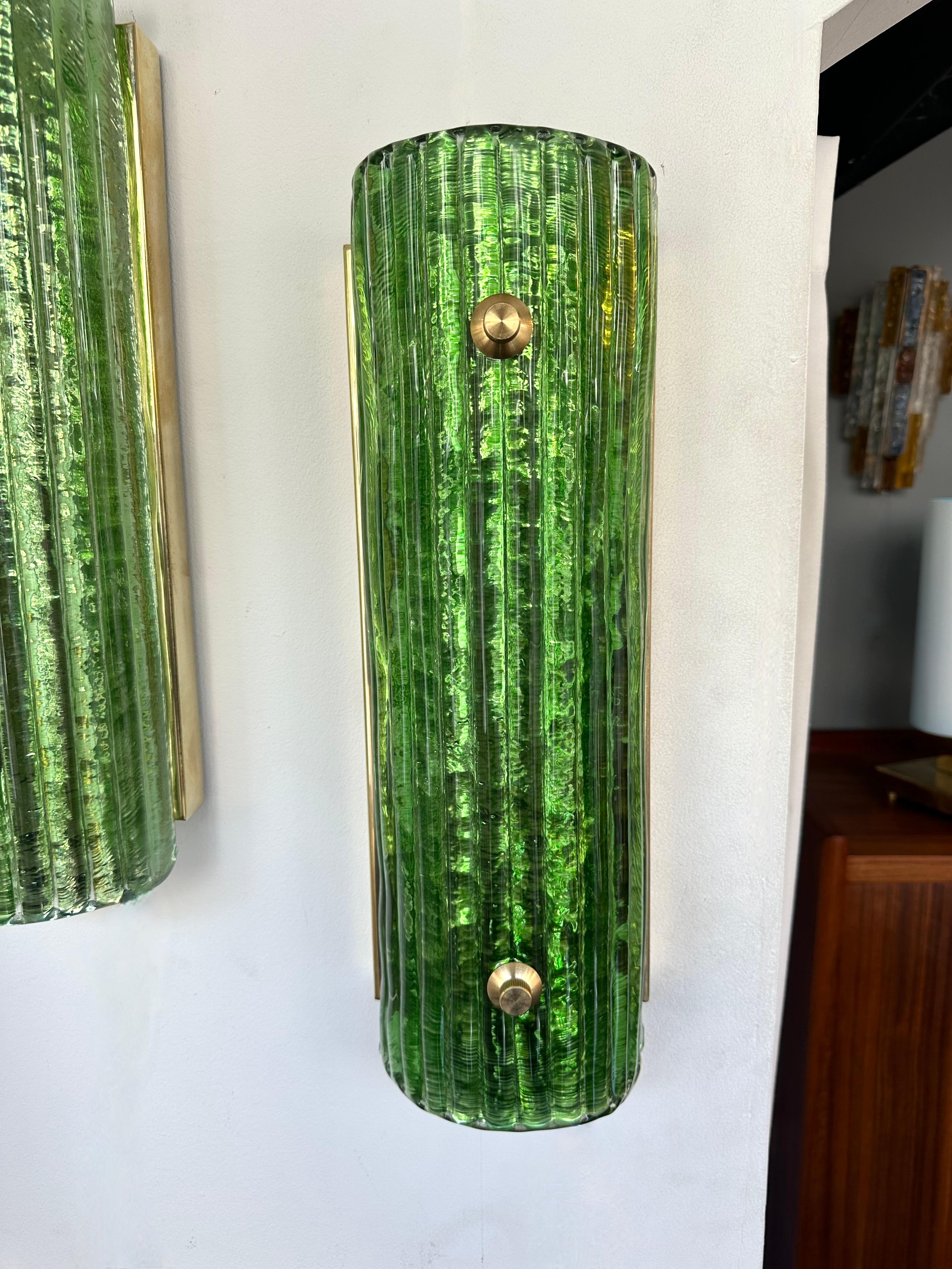 Contemporary Pair of Brass and Green Murano Glass Sconces, Italy For Sale 6
