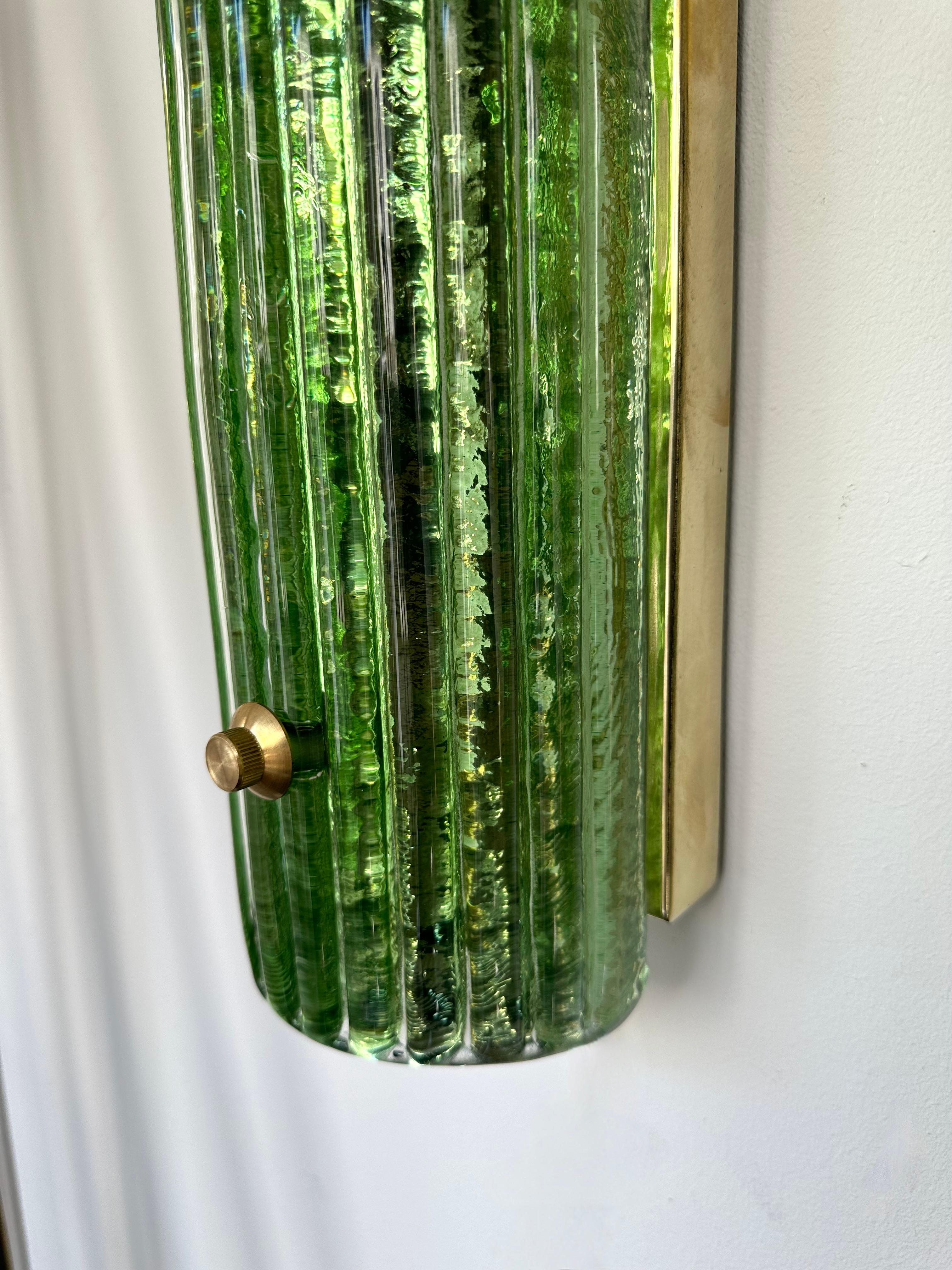 Contemporary Pair of Brass and Green Murano Glass Sconces, Italy 7
