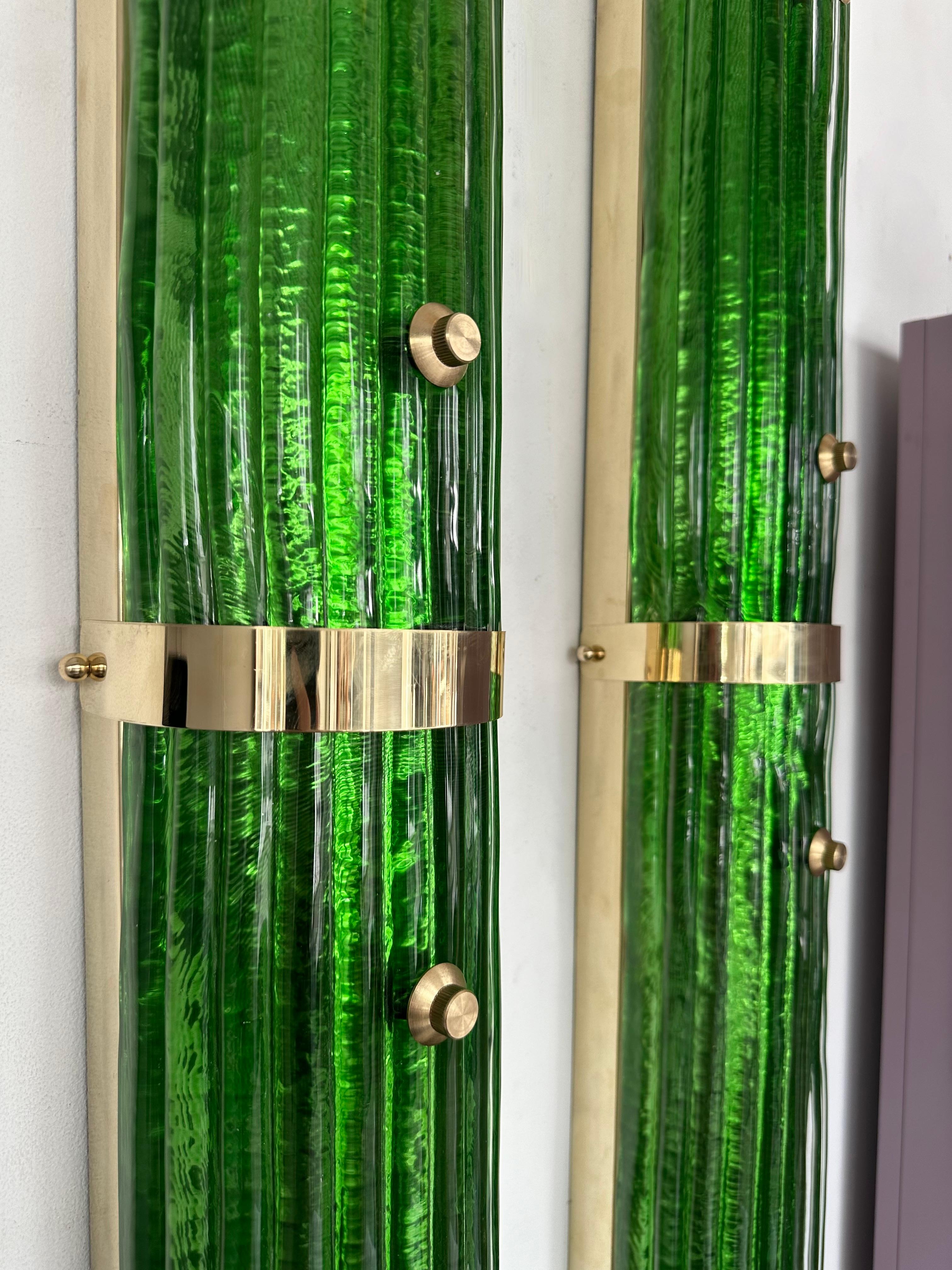 Contemporary Pair of Brass and Green Murano Glass Sconces, Italy For Sale 7