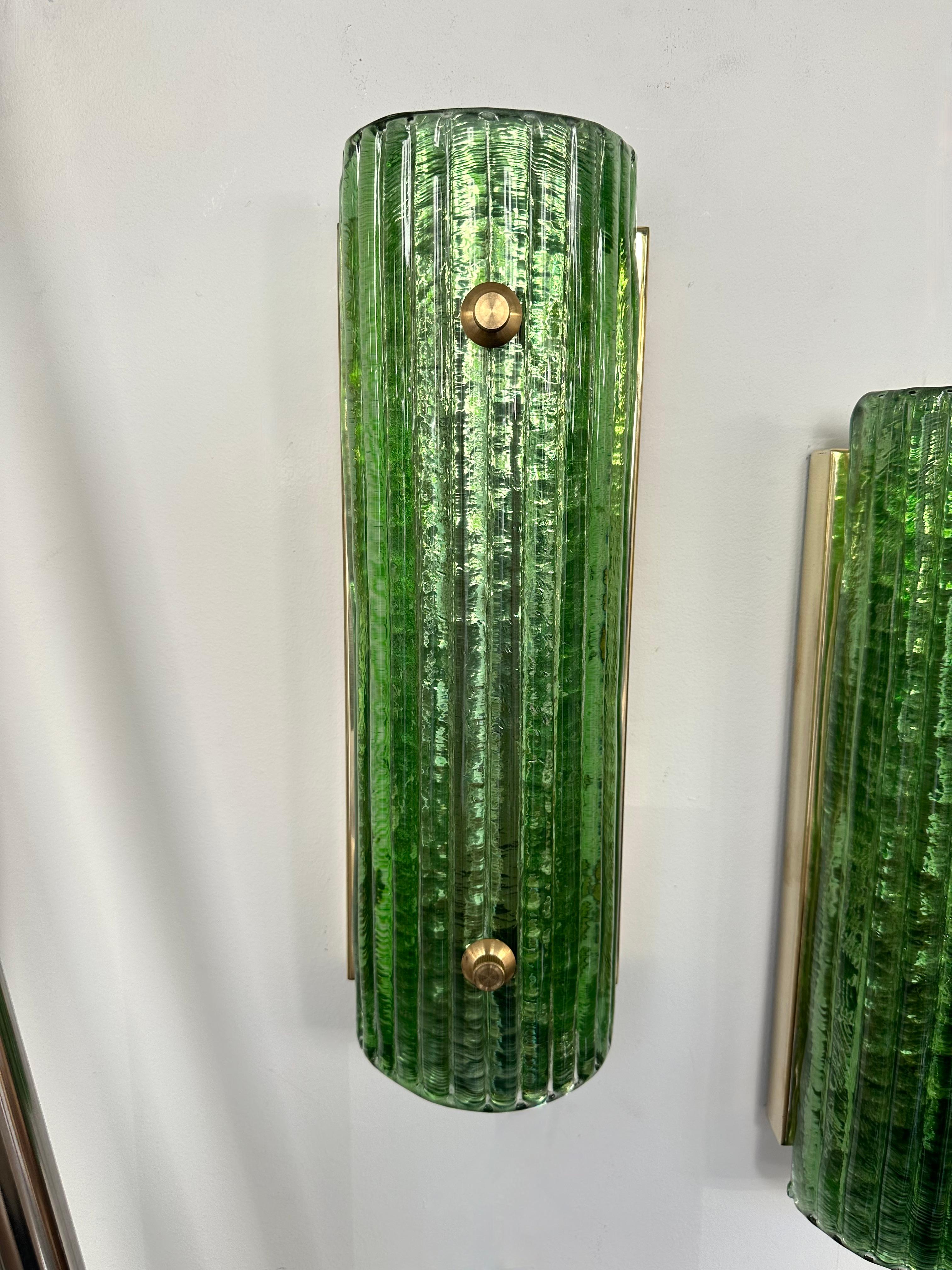Contemporary Pair of Brass and Green Murano Glass Sconces, Italy 8