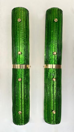 Contemporary Pair of Brass and Green Murano Glass Sconces, Italy