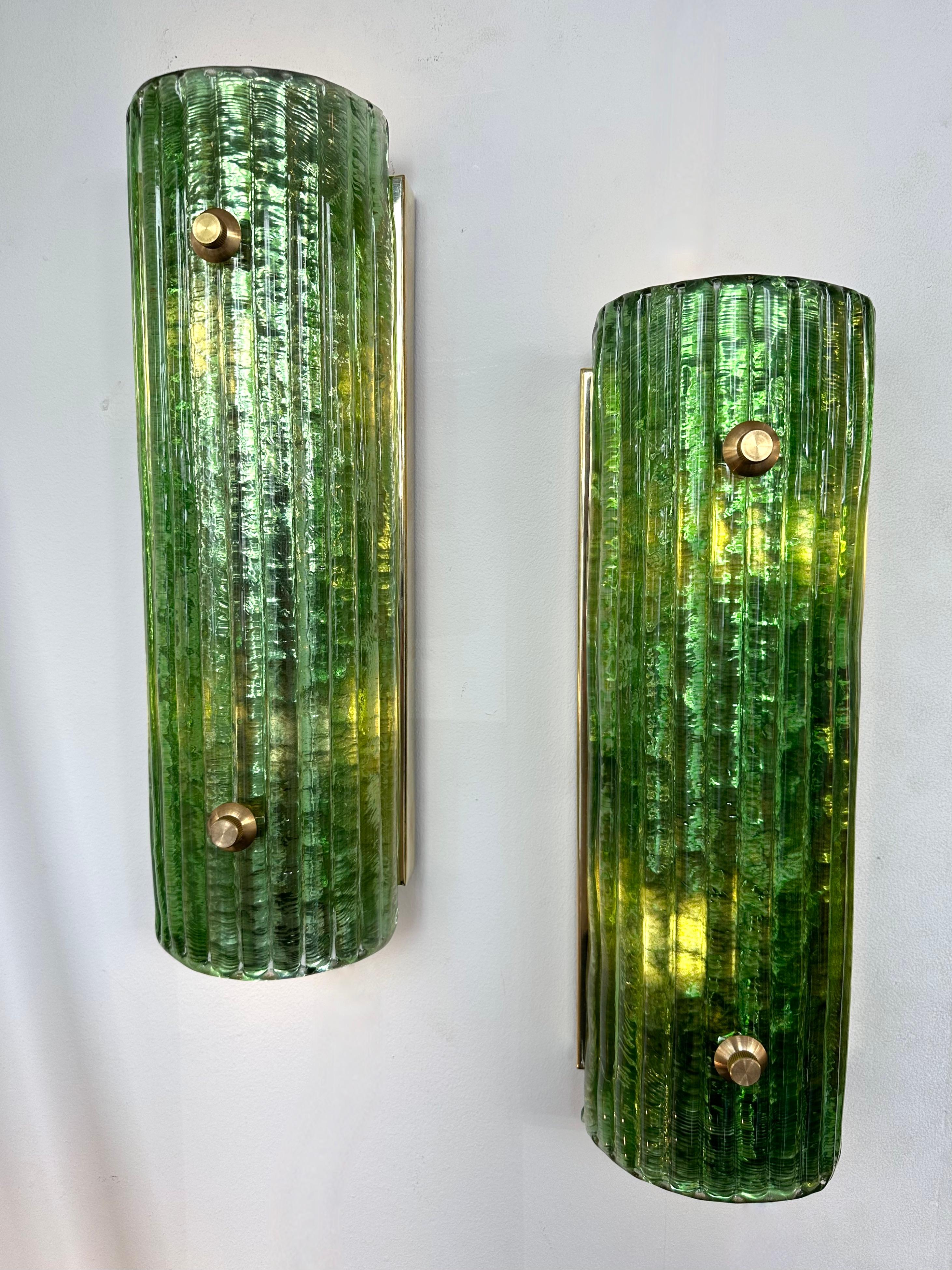 Mid-Century Modern Contemporary Pair of Brass and Green Murano Glass Sconces, Italy