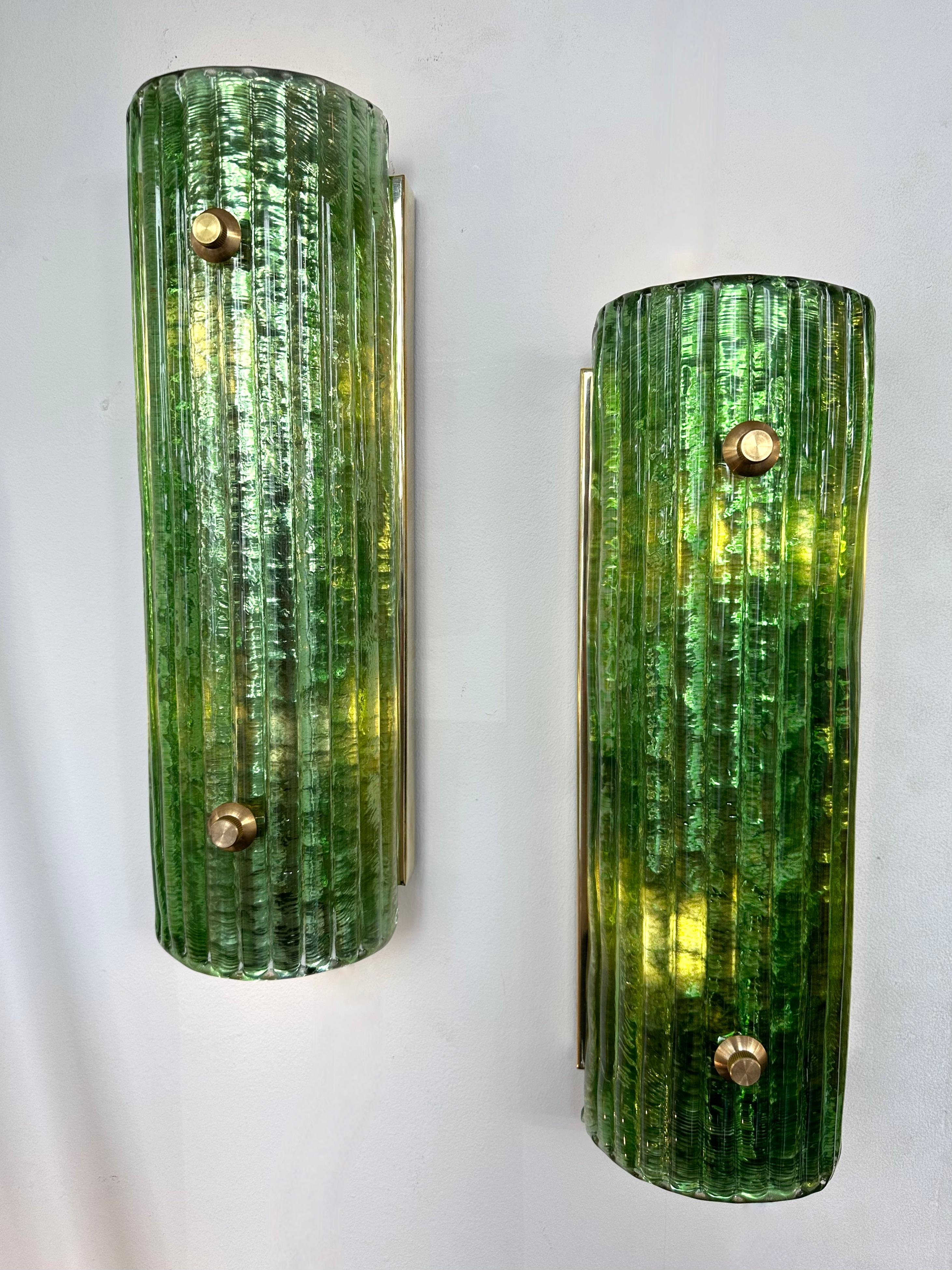 Mid-Century Modern Contemporary Pair of Brass and Green Murano Glass Sconces, Italy For Sale