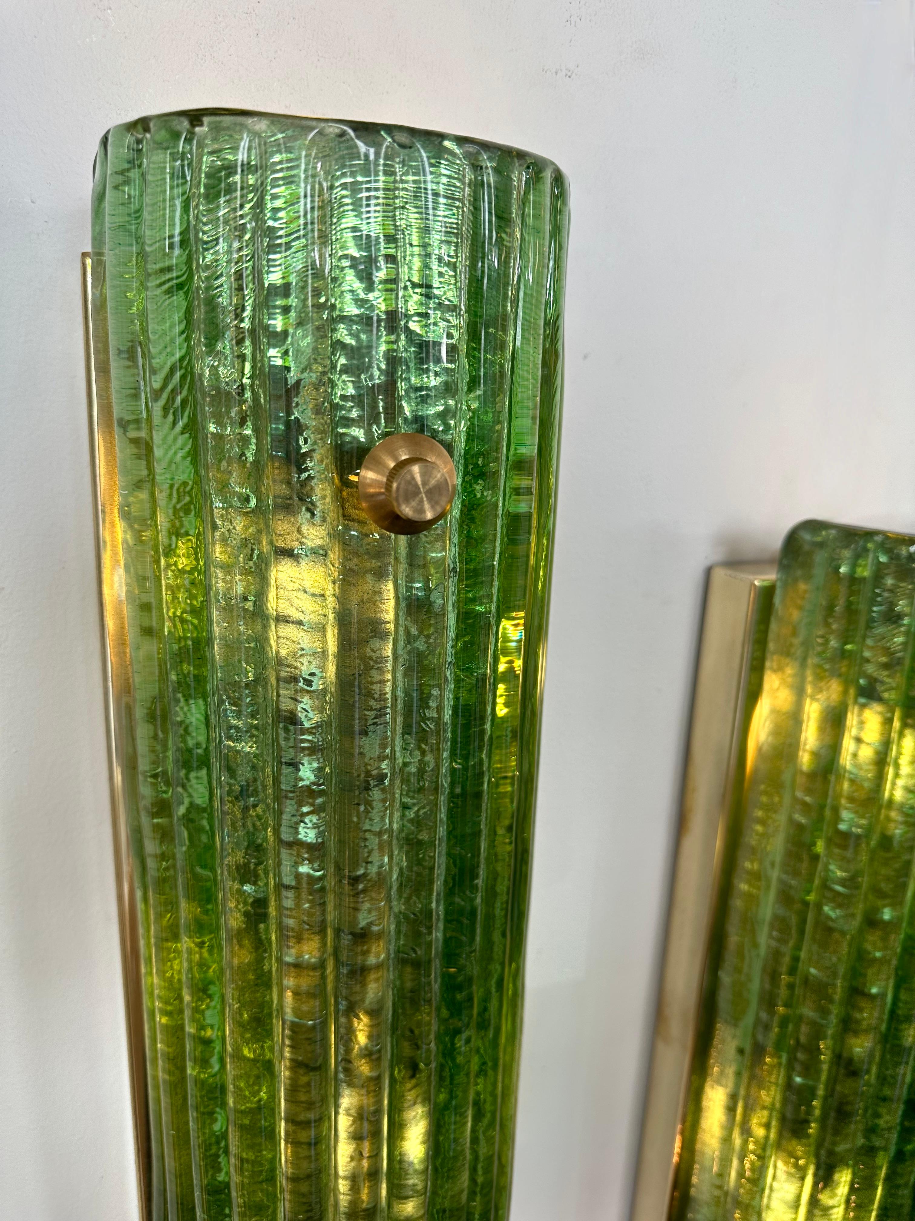 Italian Contemporary Pair of Brass and Green Murano Glass Sconces, Italy