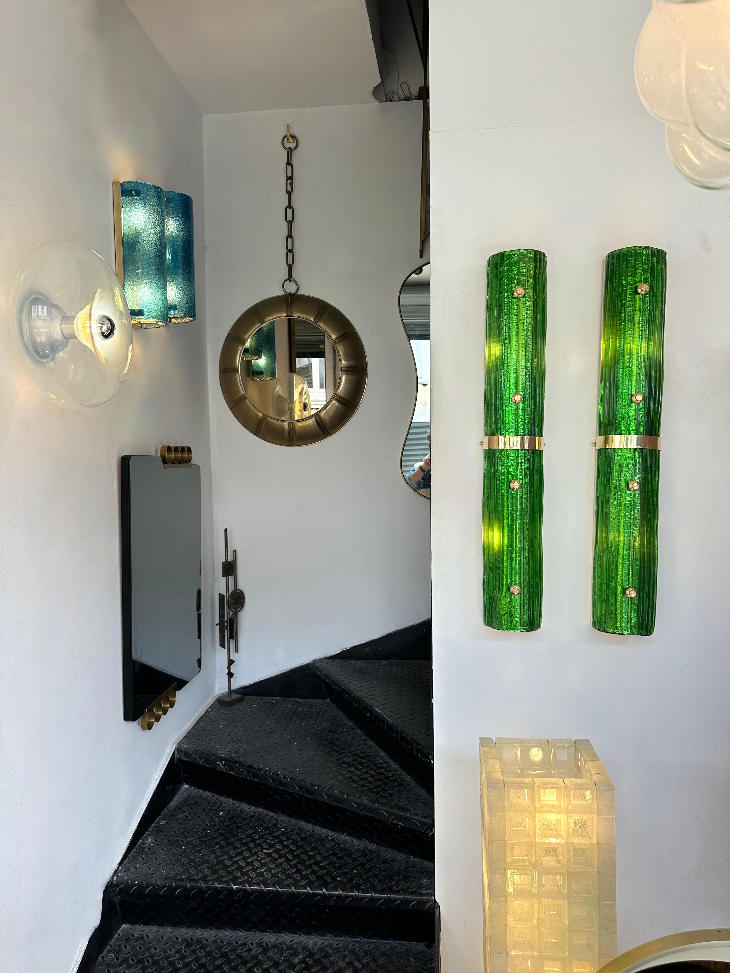 Contemporary Pair of Brass and Green Murano Glass Sconces, Italy For Sale 1