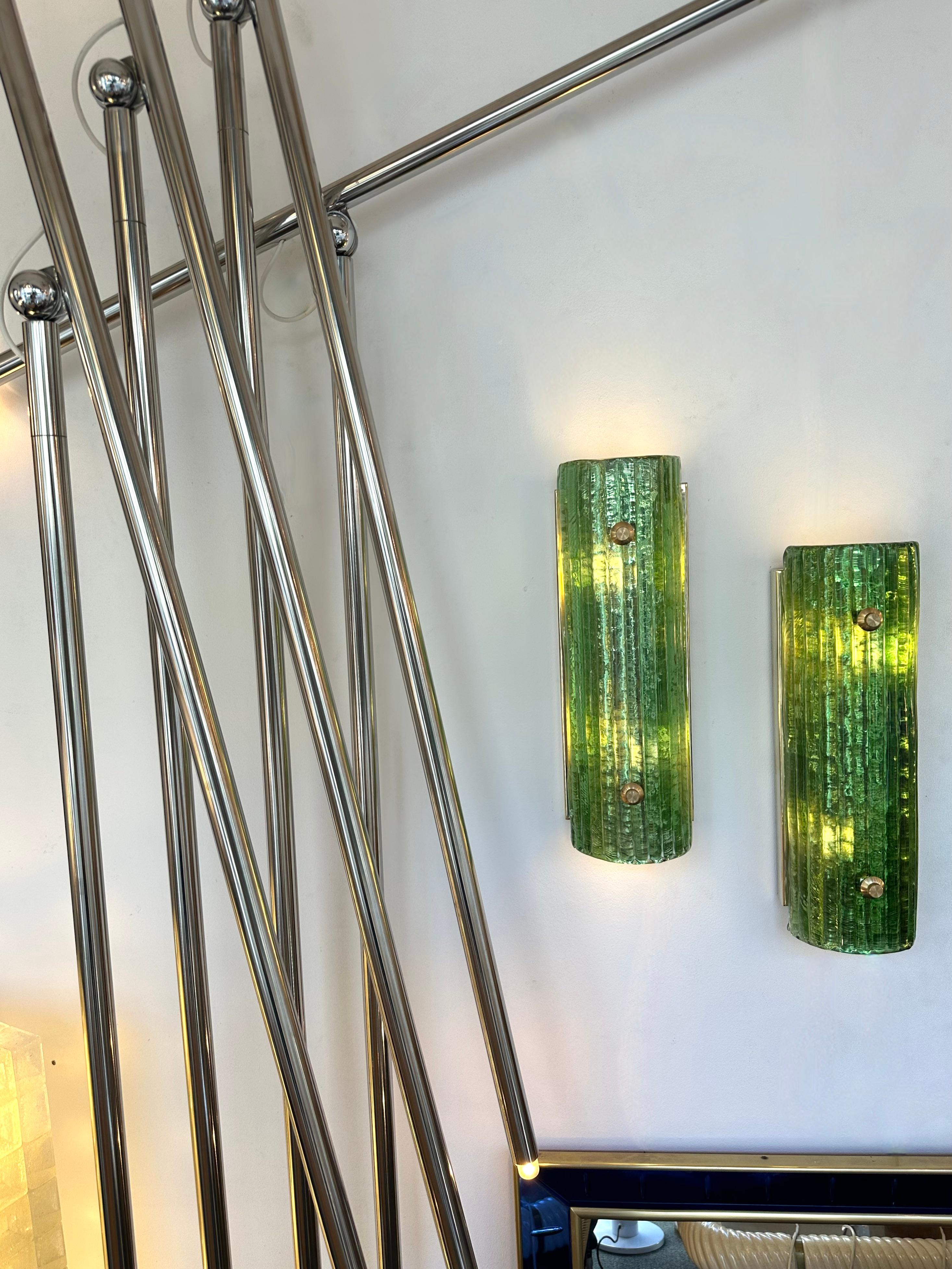 Contemporary Pair of Brass and Green Murano Glass Sconces, Italy For Sale 1