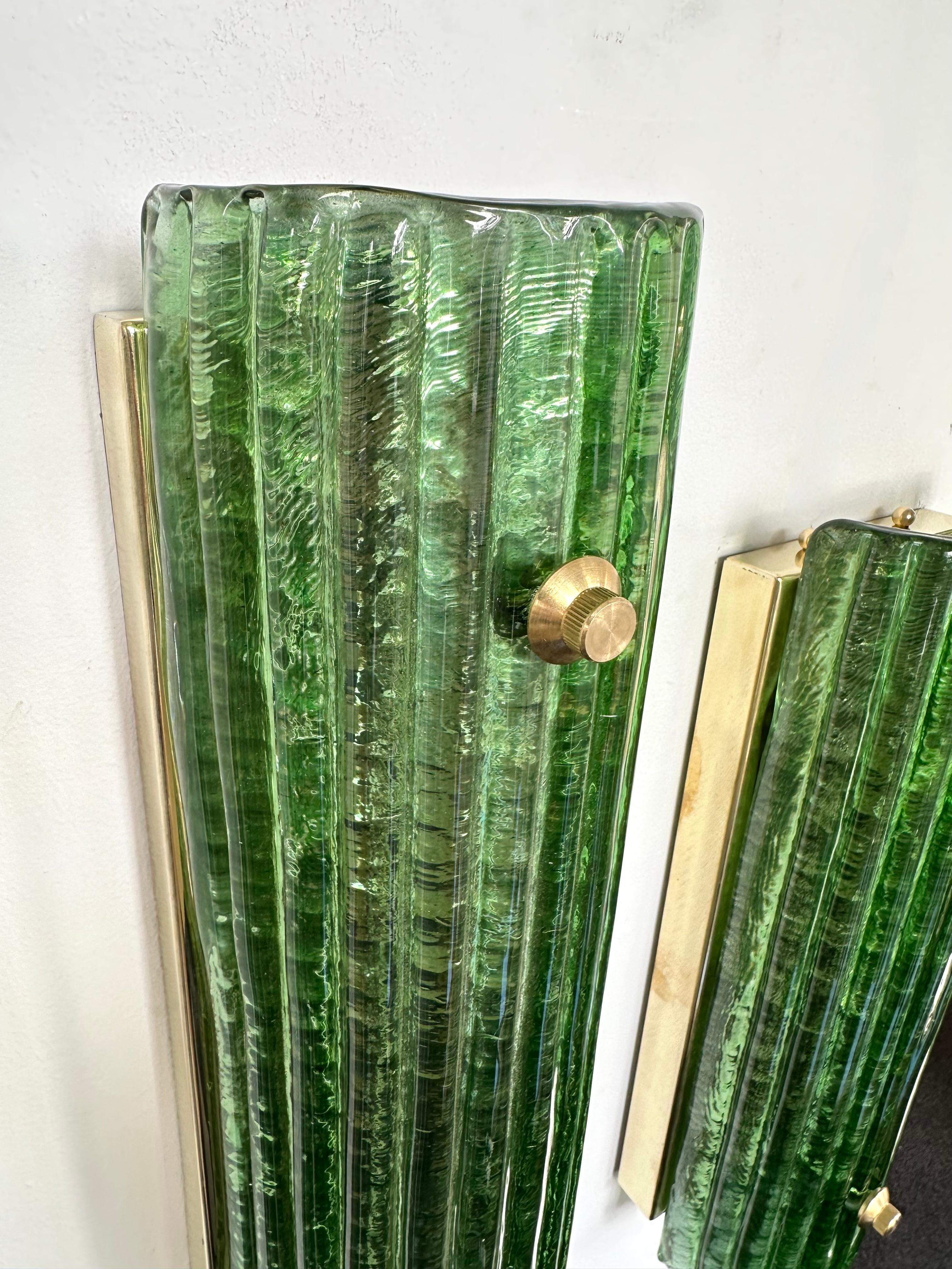 Contemporary Pair of Brass and Green Murano Glass Sconces, Italy 2