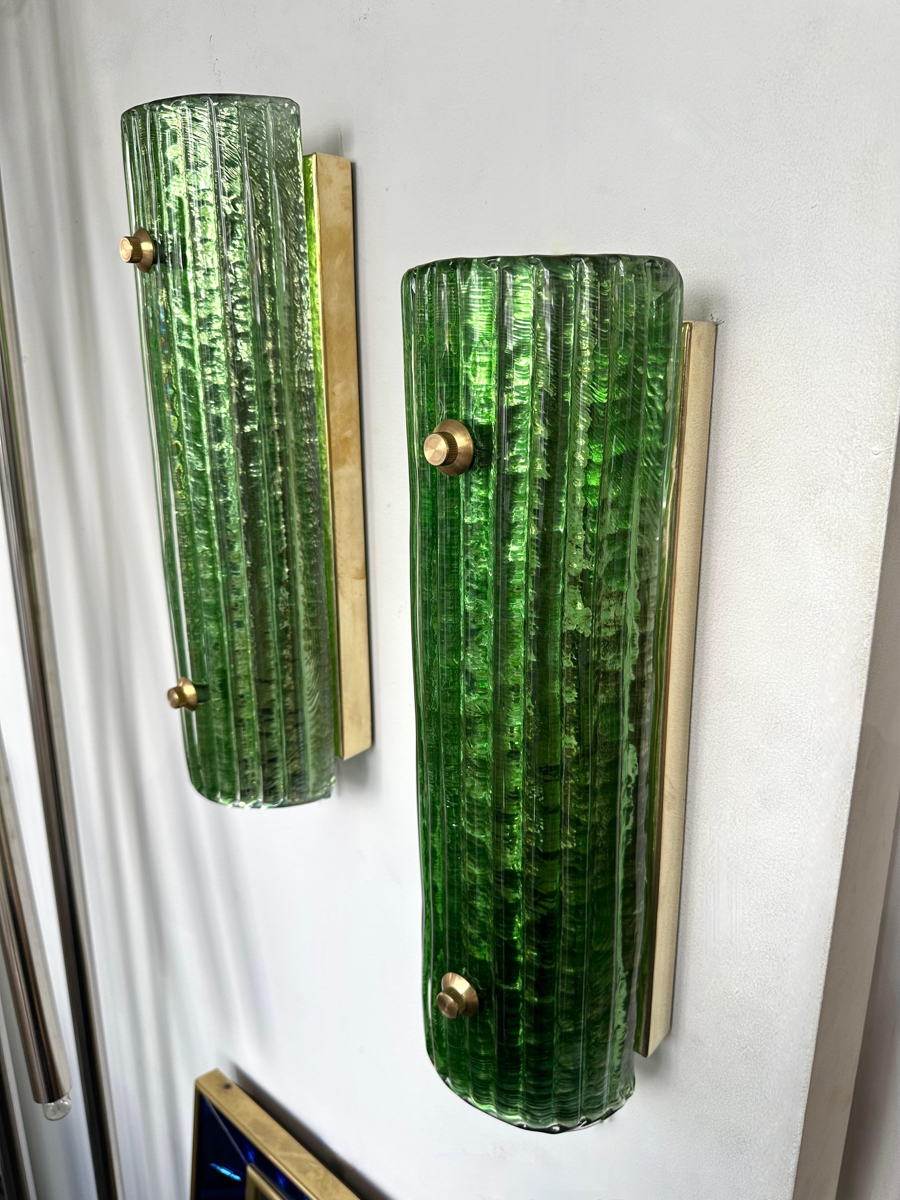 Contemporary Pair of Brass and Green Murano Glass Sconces, Italy 3