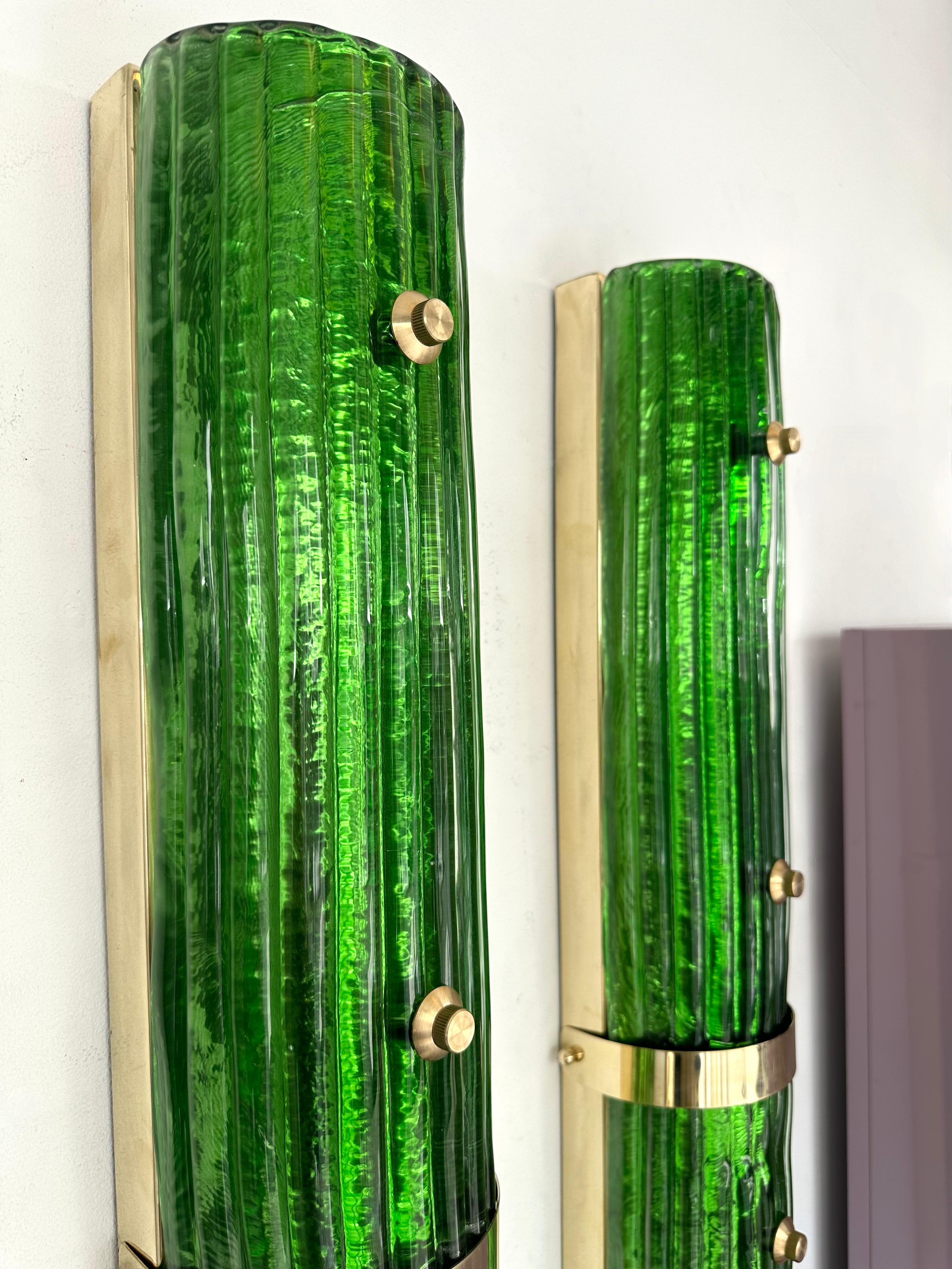 Contemporary Pair of Brass and Green Murano Glass Sconces, Italy For Sale 3