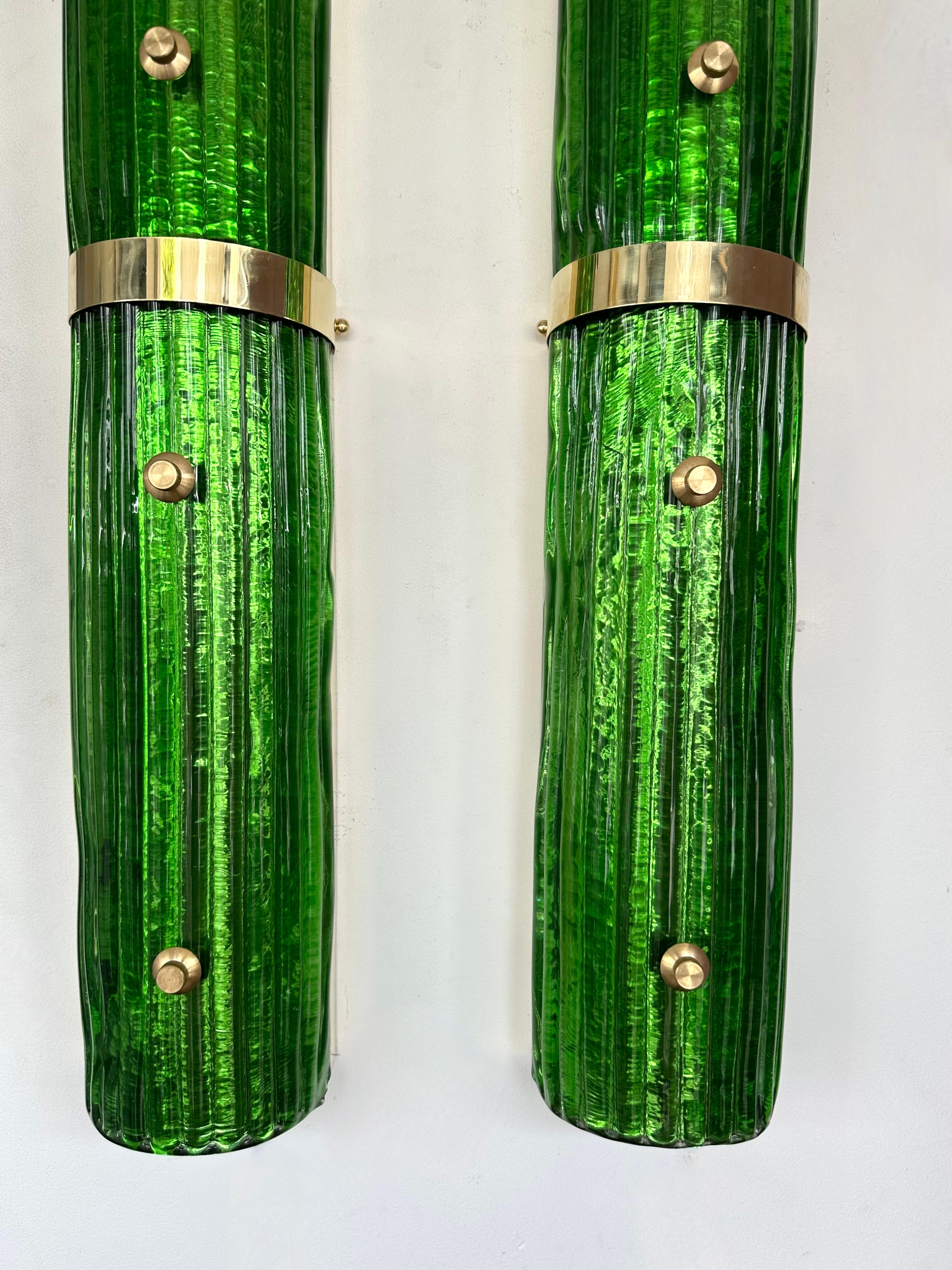 Contemporary Pair of Brass and Green Murano Glass Sconces, Italy For Sale 4