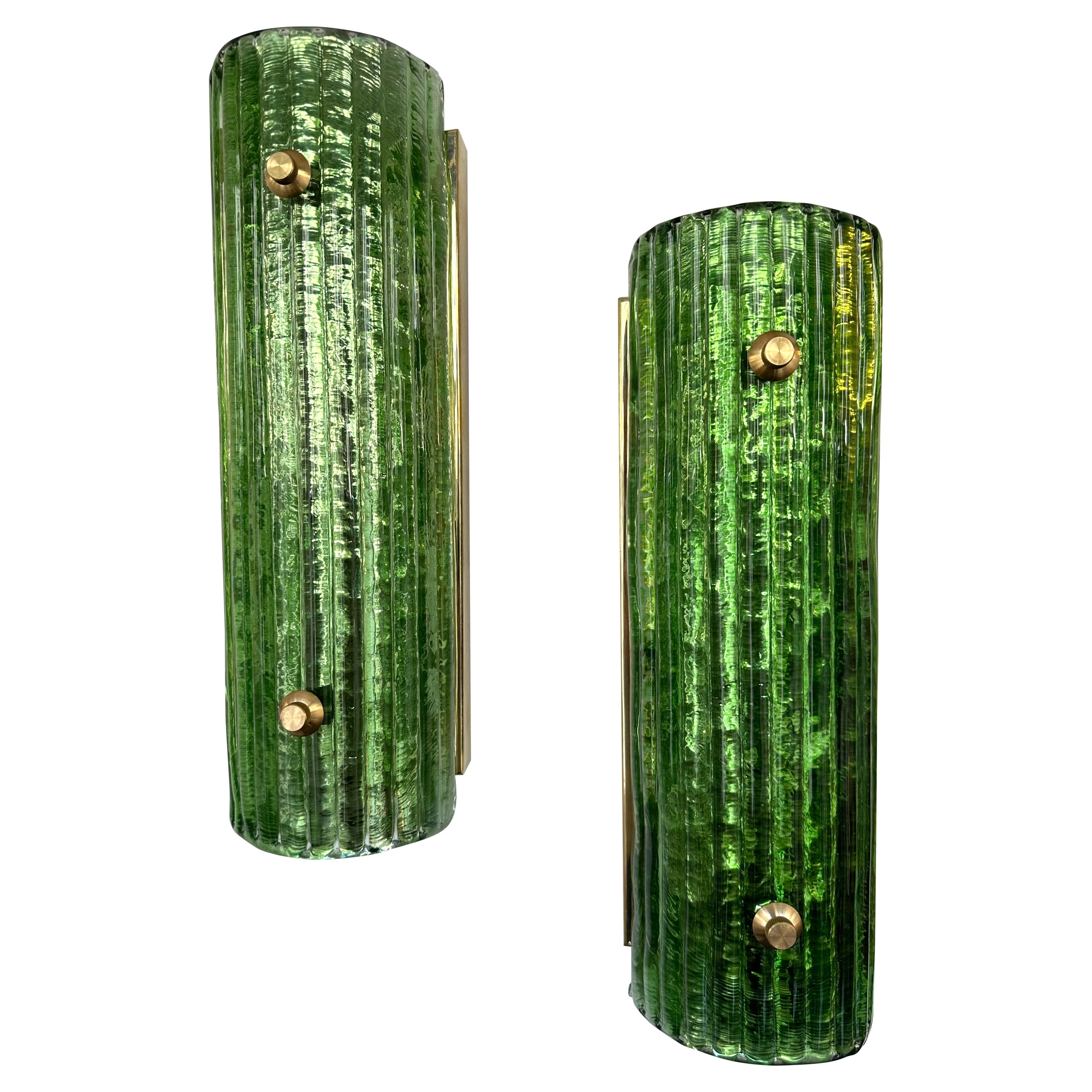 Contemporary Pair of Brass and Green Murano Glass Sconces, Italy For Sale