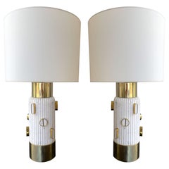 Contemporary Pair of Brass and Marble Lamps, Italy