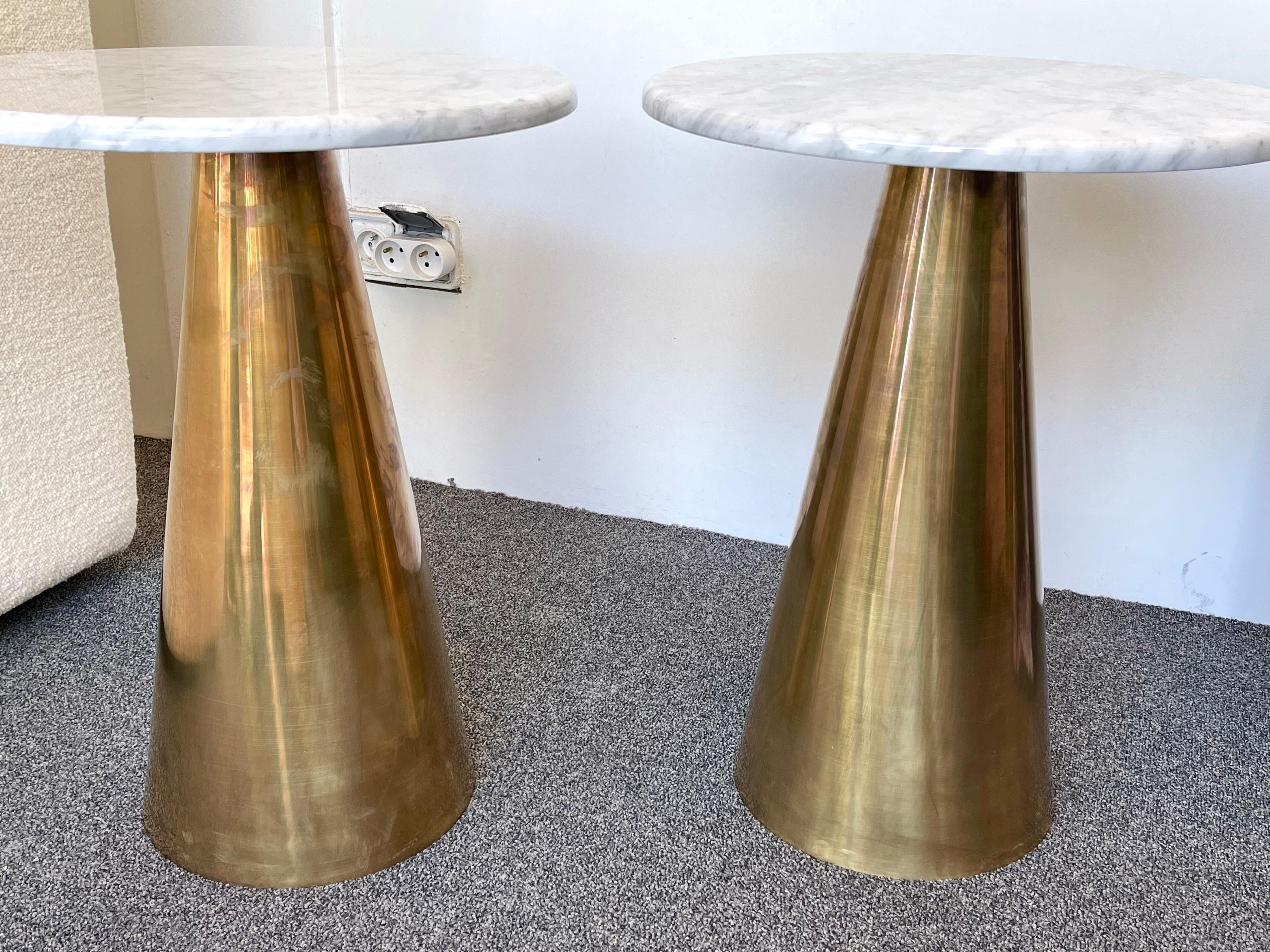 Italian Contemporary Pair of Brass and Marble Side Tables, Italy