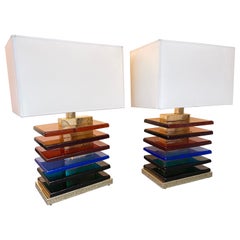 Contemporary Pair of Brass and Multicolor Murano Glass Blade Lamps, Italy