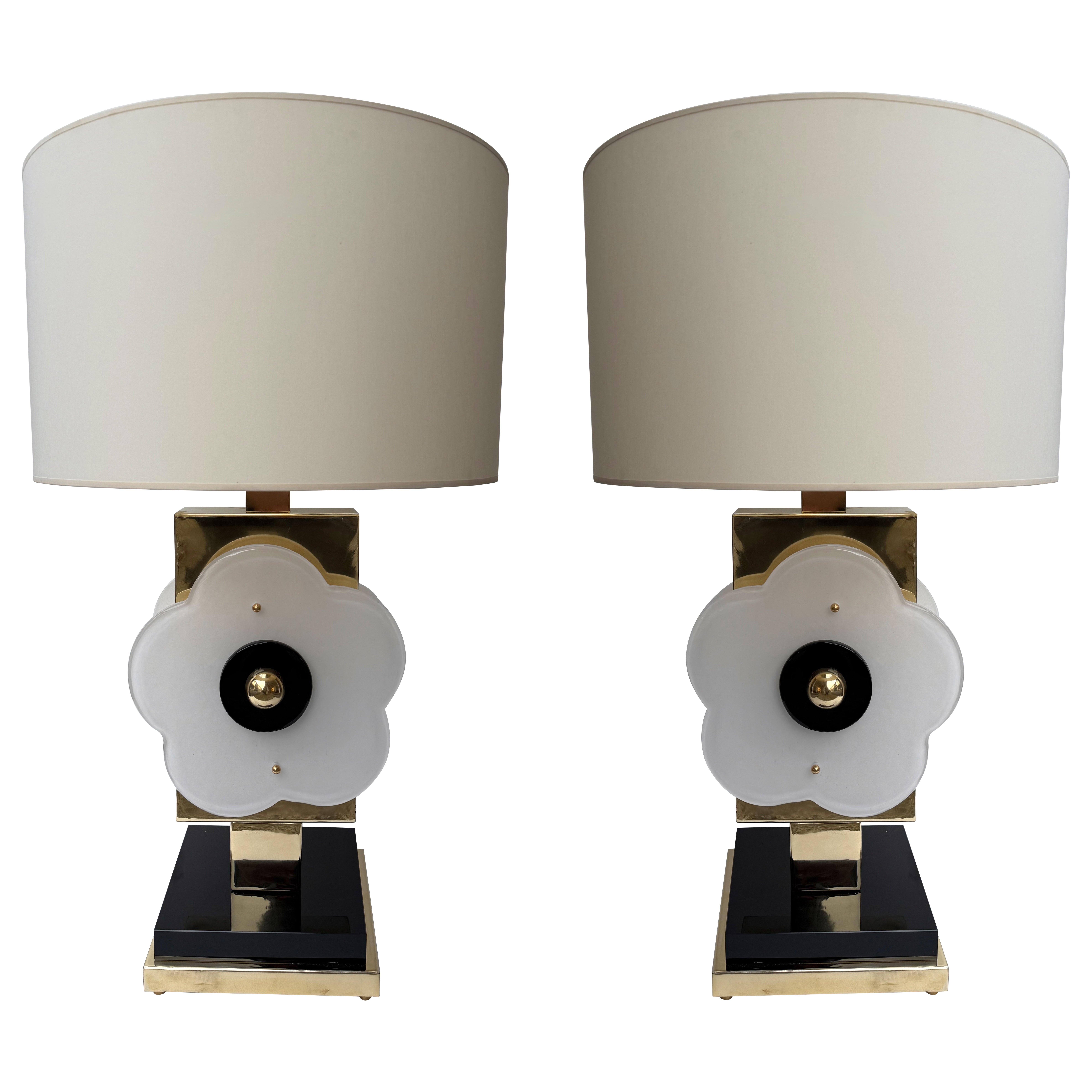 Paire de lampes contemporaines en laiton et verre de Murano, Bigli, Italie