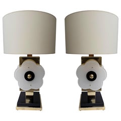 Contemporary Pair of Brass and Murano Glass Big Flowers Lamps, Italy