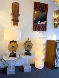 Contemporary Pair of Brass and Murano Glass Big Gold Flowers Lamps, Italy