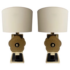 Contemporary Pair of Brass and Murano Glass Big Gold Flowers Lamps, Italy