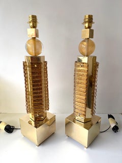 Contemporary Pair of Brass and Murano Glass Blade Robot Lamps, Italy