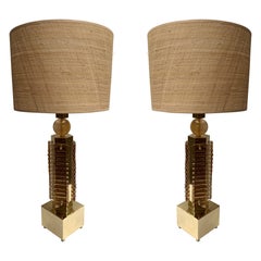Contemporary Pair of Brass and Murano Glass Blade Robot Lamps, Italy