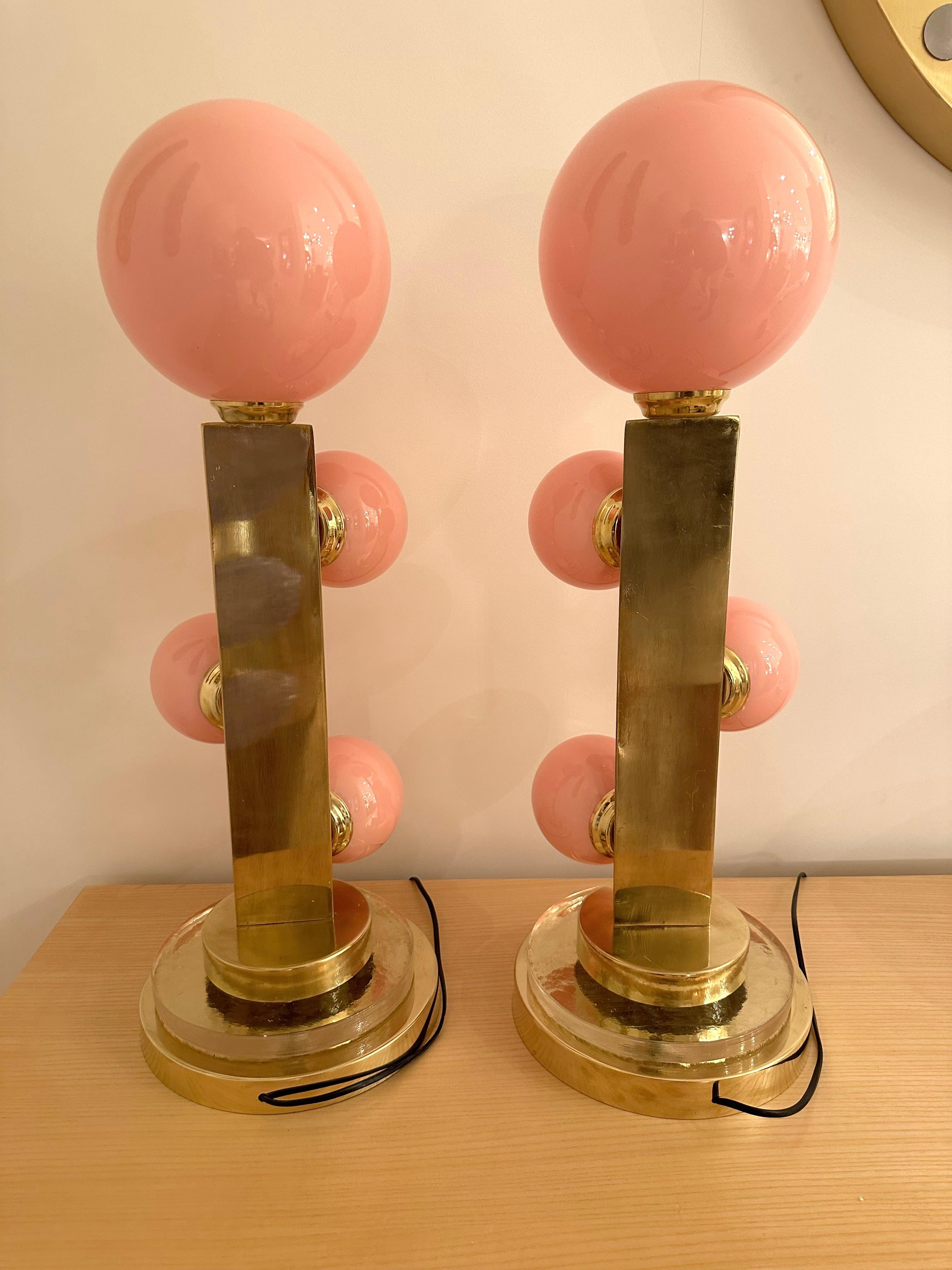 Contemporary Pair of Brass and Murano Glass Bubble Gum Lamps, Italy For Sale 7