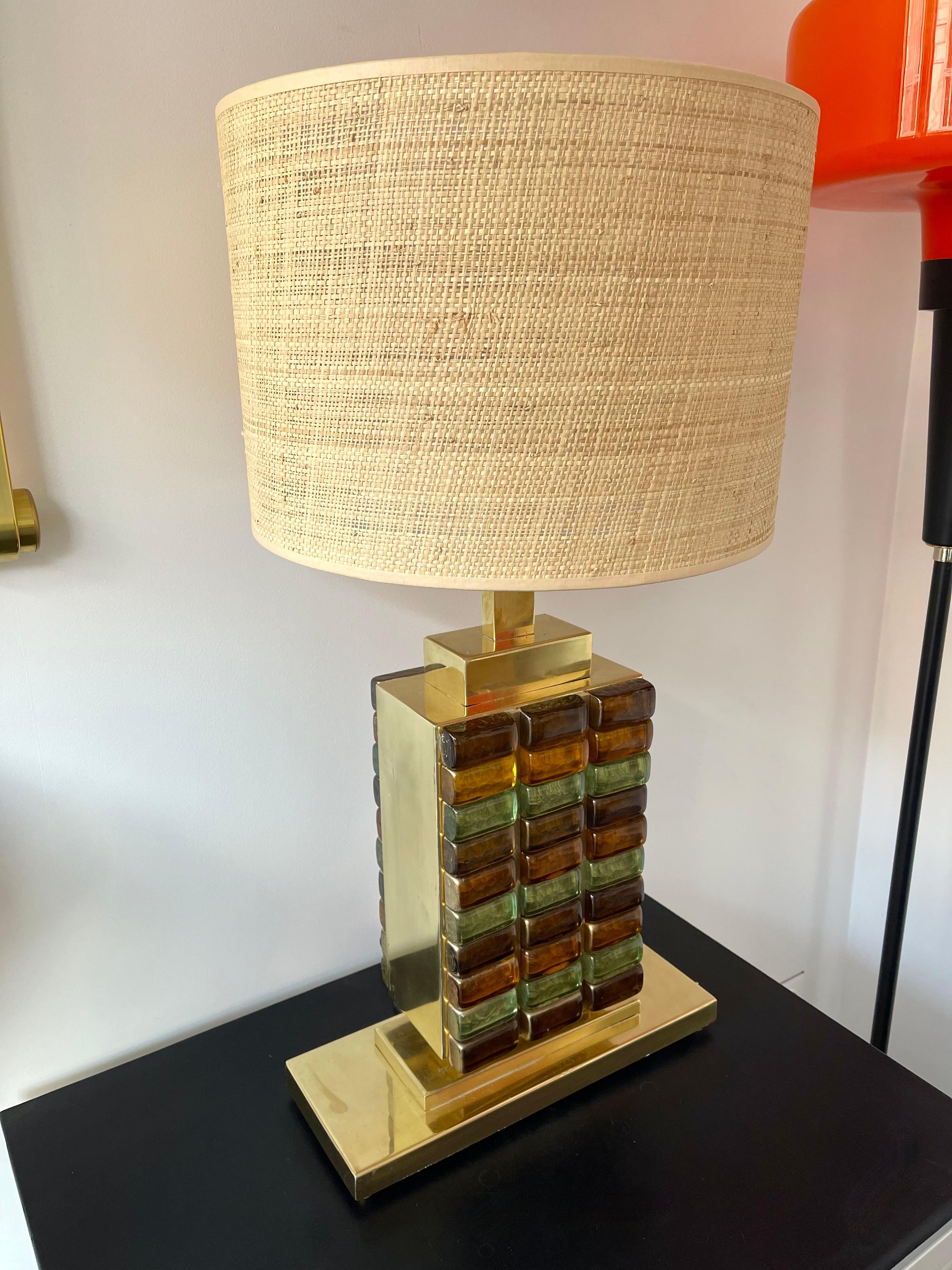 Contemporary Paar Lampen aus Messing und Murano Glas Cabochon, Italien im Angebot 12