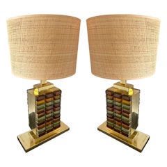 Contemporary Pair of Brass and Murano Glass Cabochon Lamps, Italy