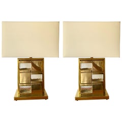 Contemporary Pair of Brass and Murano Glass Checkerboard Lamps