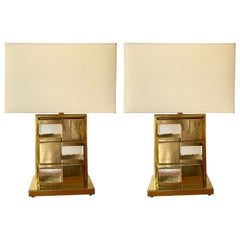 Contemporary Pair of Brass and Murano Glass Checkerboard Lamps