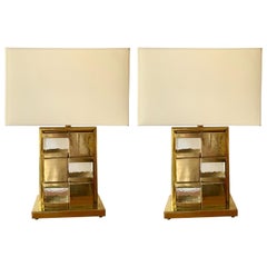 Contemporary Pair of Brass and Murano Glass Checkerboard Lamps