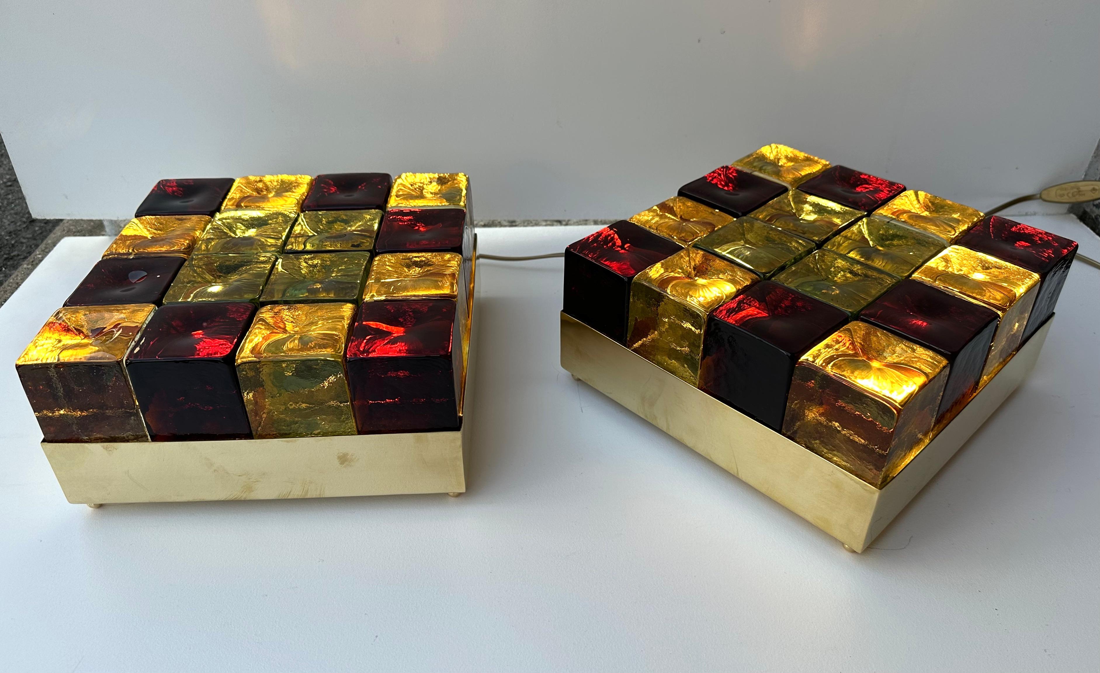 Contemporary Pair of Brass and Murano Glass Cube Marquetry Lamps, Italy 7