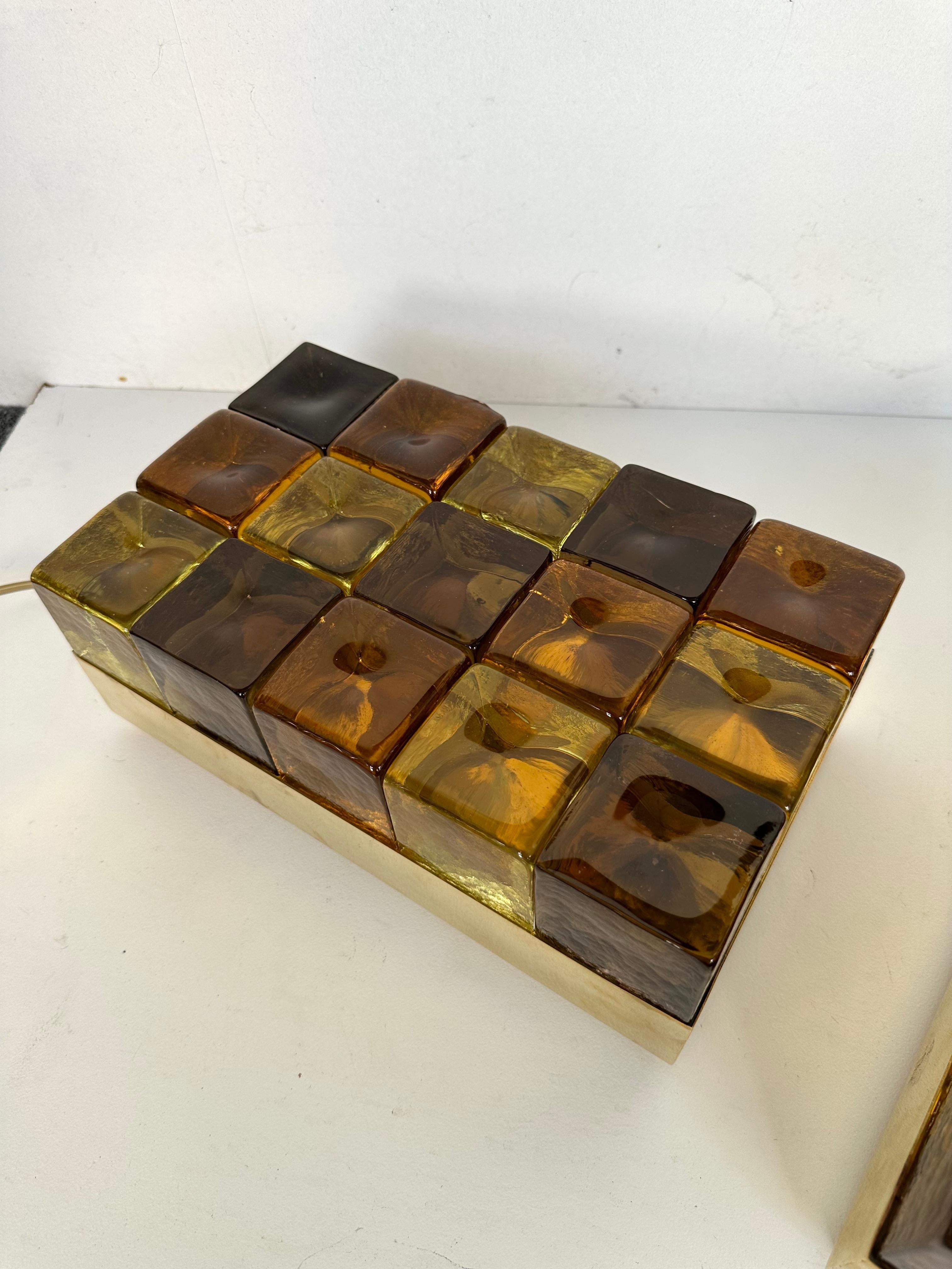 Pair of table or bedside brass box lamps with Murano glass cube marquetry. Contemporary work from a small italian artisanal design workshop in a Mid-Century Modern Space Age mood like Vistosi, Poliarte, Mazzega, Carlo Aldo Nason, Venini.