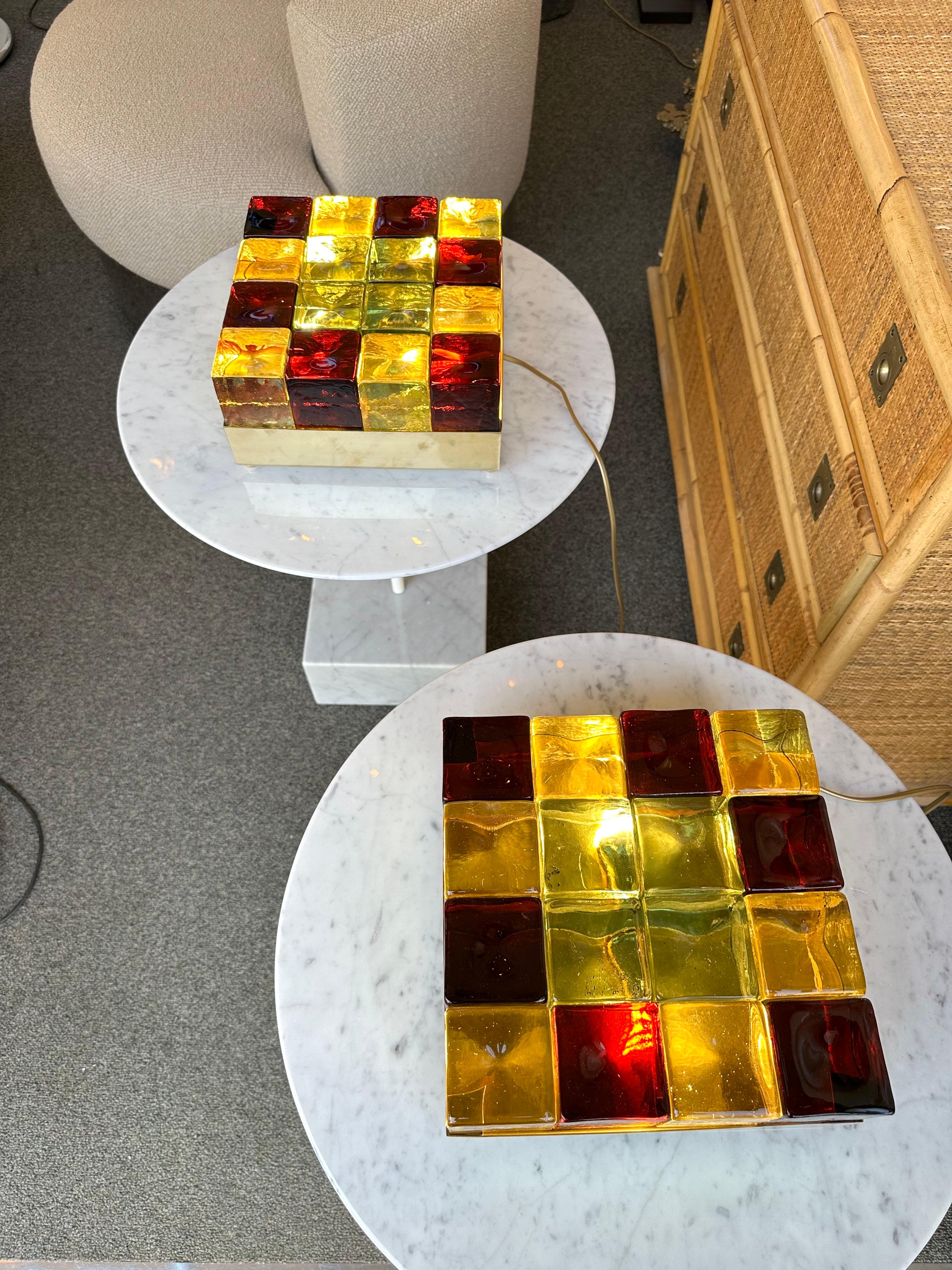 Mid-Century Modern Contemporary Pair of Brass and Murano Glass Cube Marquetry Lamps, Italy