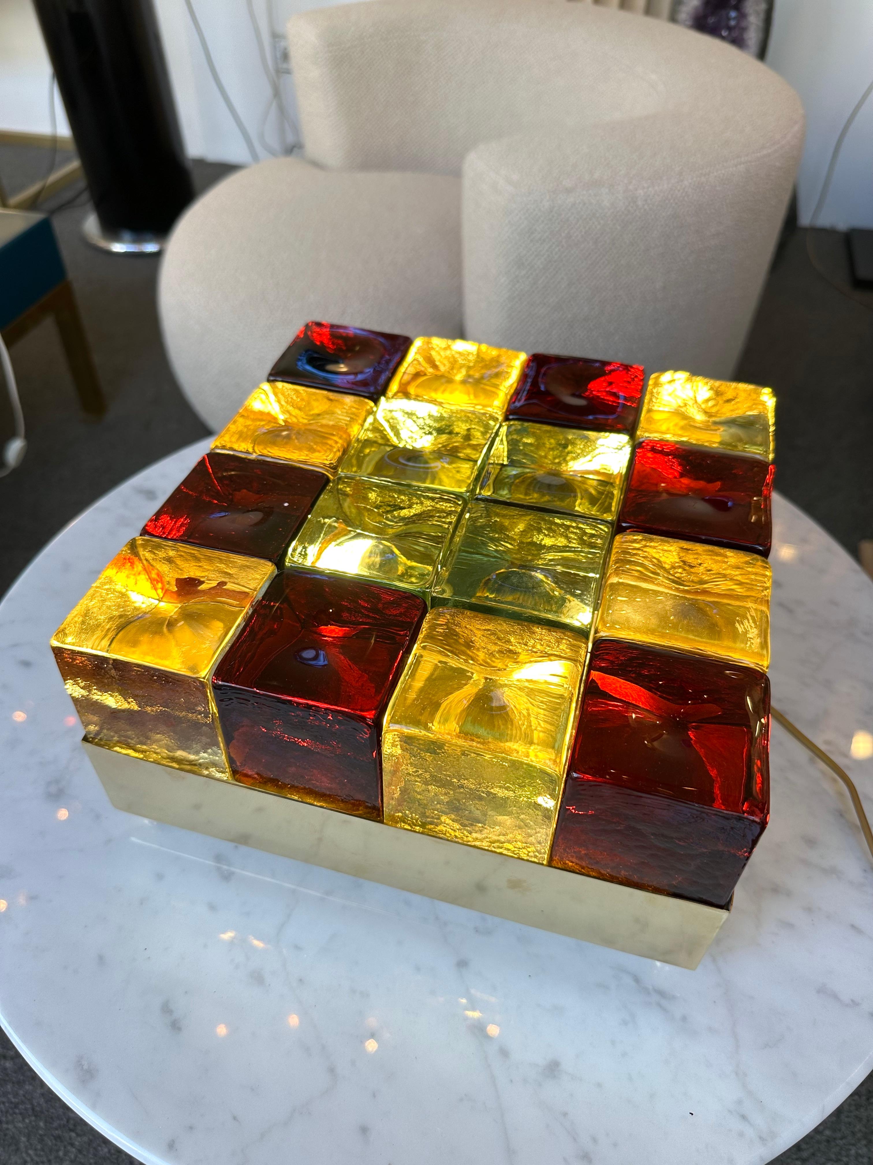 Contemporary Pair of Brass and Murano Glass Cube Marquetry Lamps, Italy 1