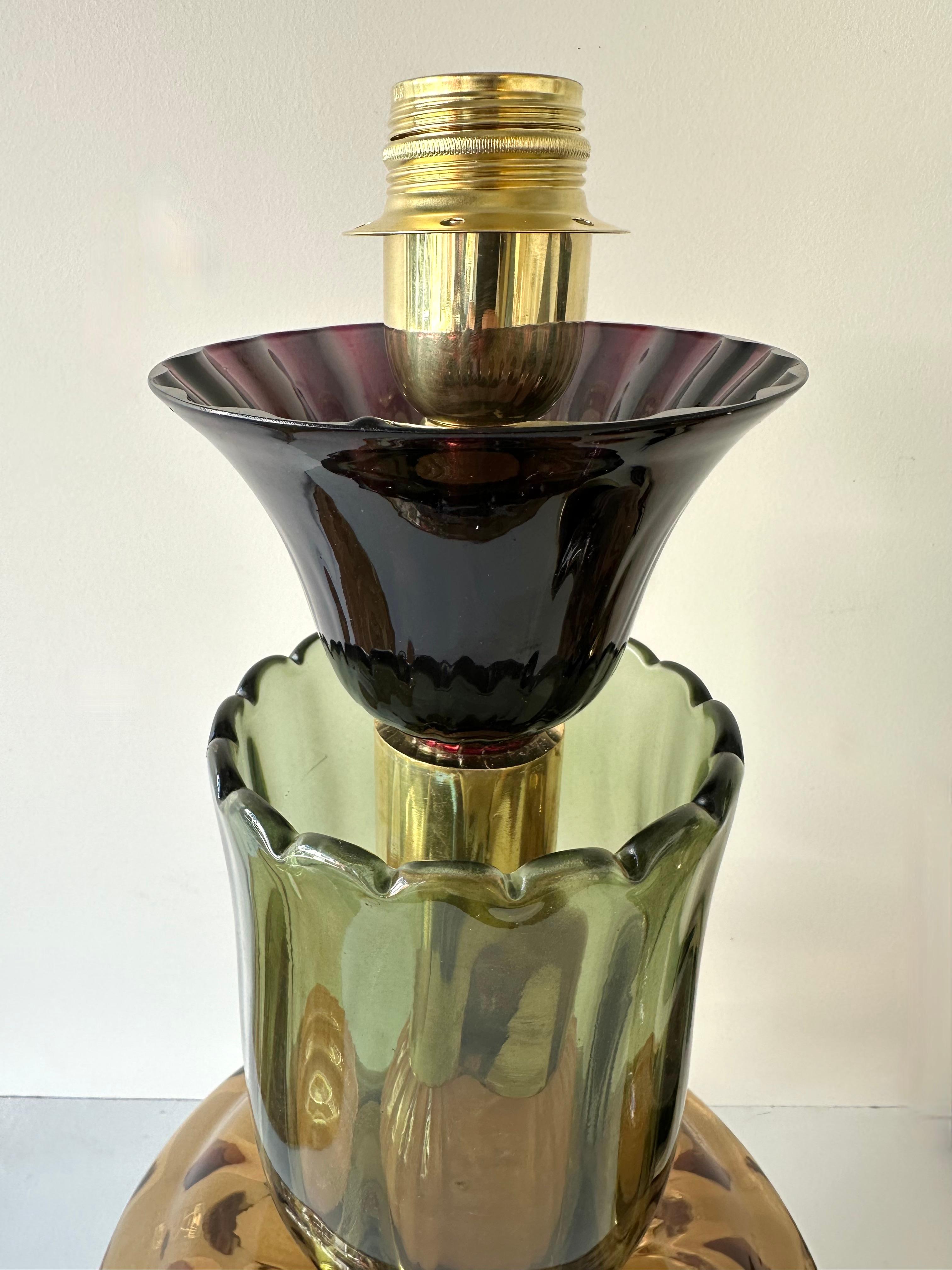 Italian Contemporary Pair of Brass and Murano Glass Flower Lamps, Italy For Sale