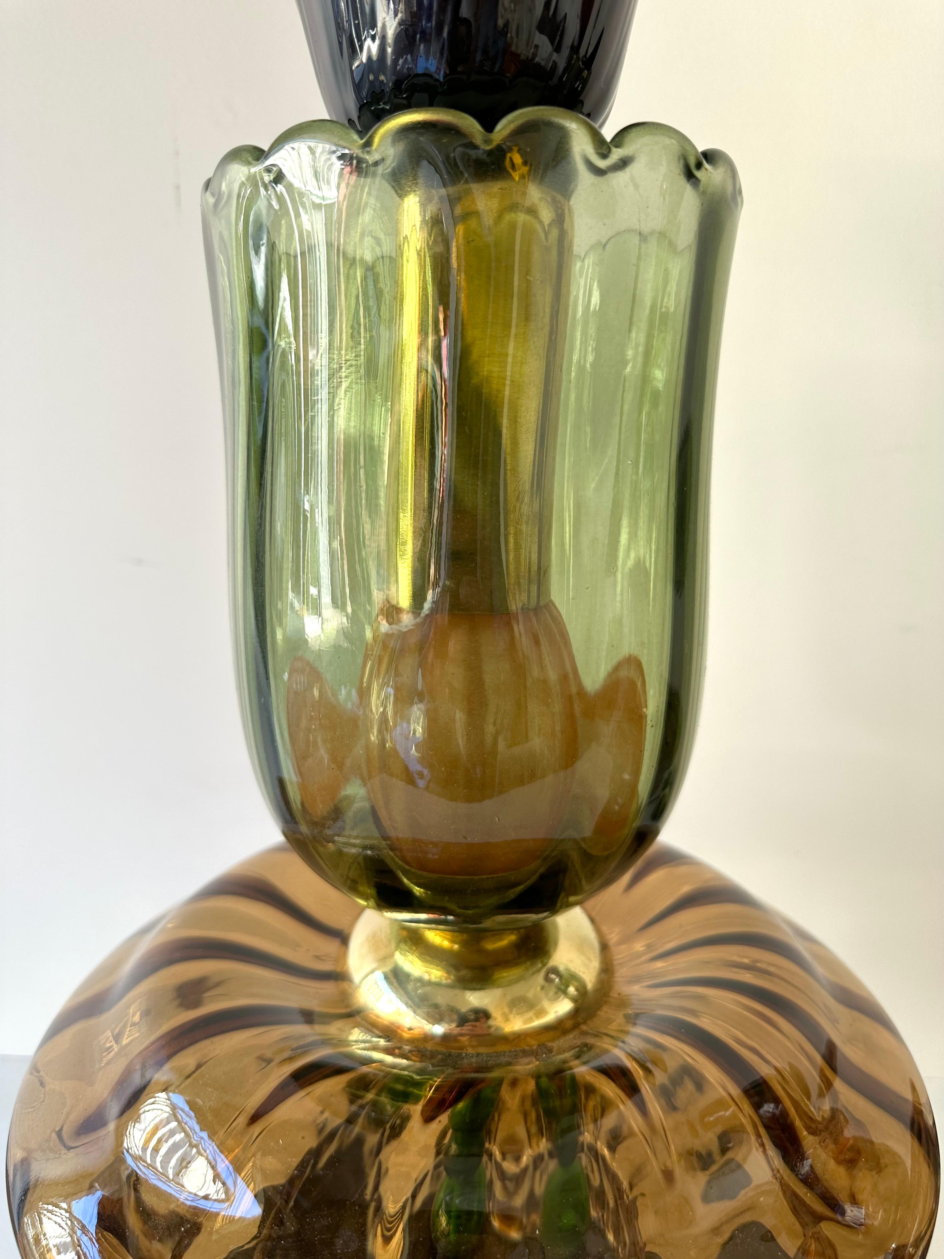 Contemporary Pair of Brass and Murano Glass Flower Lamps, Italy For Sale 4
